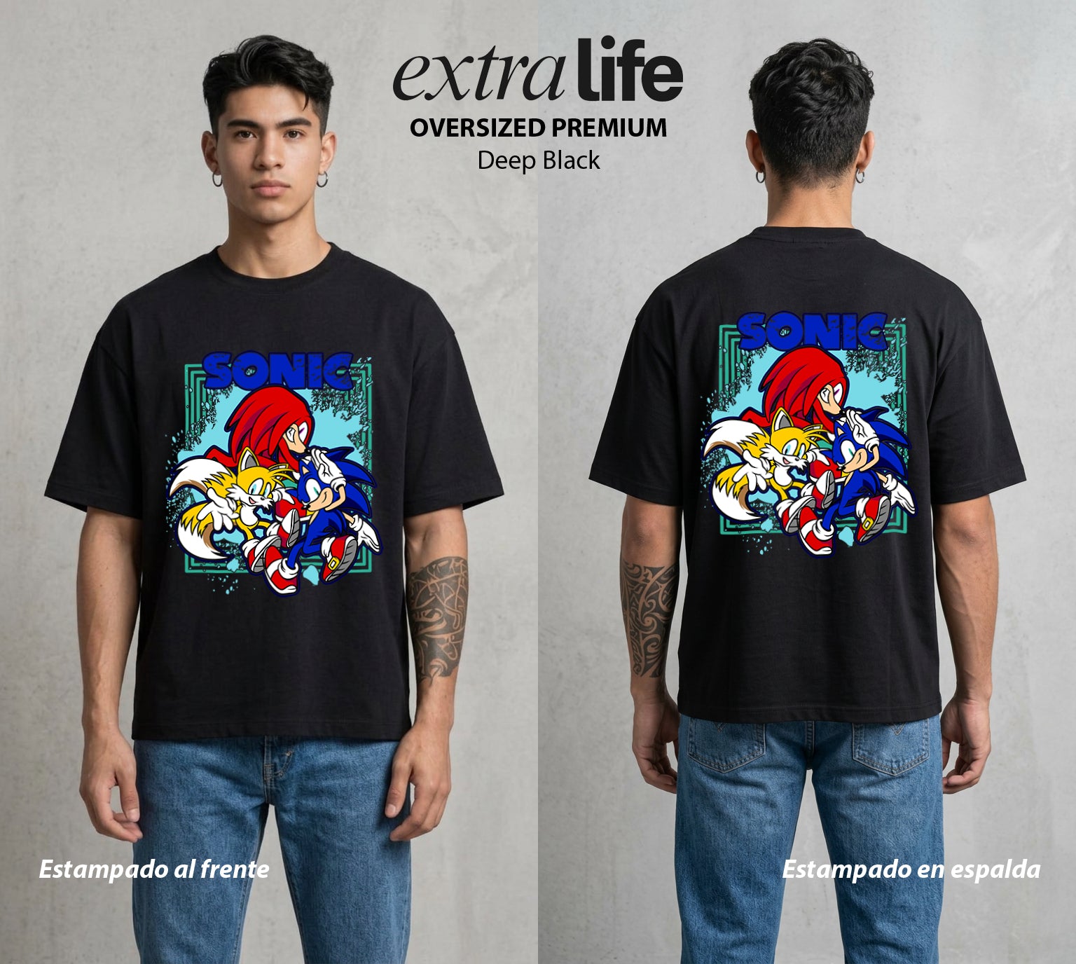 La Velocidad del Erizo | El Trio de la Velocidad #04076 - Playera Oversized Premium | Deep Black - Foto en modelo