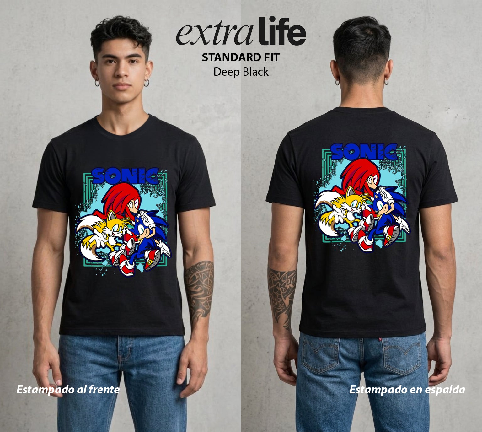 La Velocidad del Erizo | El Trio de la Velocidad #04076 - Playera Standard Fit | Deep Black - Foto en modelo