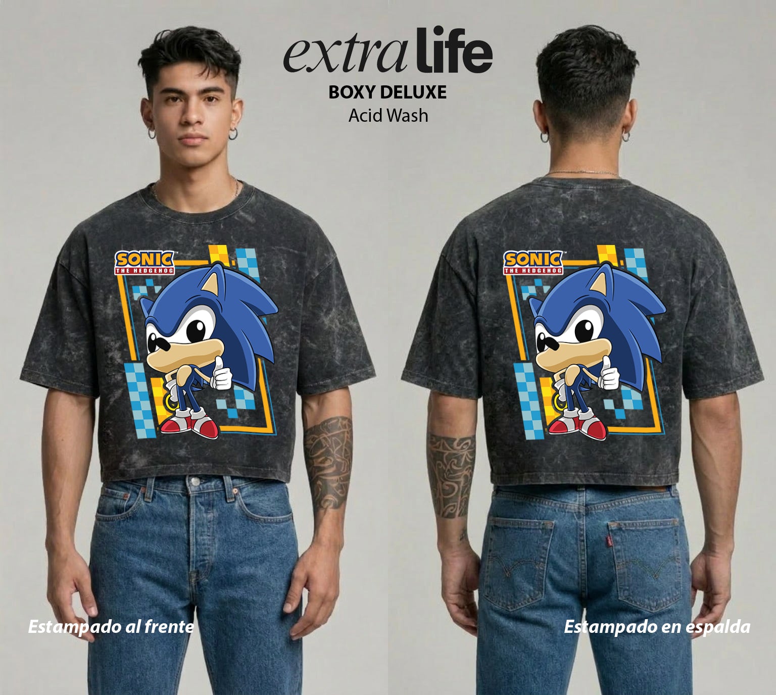 Playera streetwear premium de anime y gaming ExtraLife MX, corte boxy deluxe mineral wash heavyweight en color Acid Wash, moda urbana mexicana de culto.