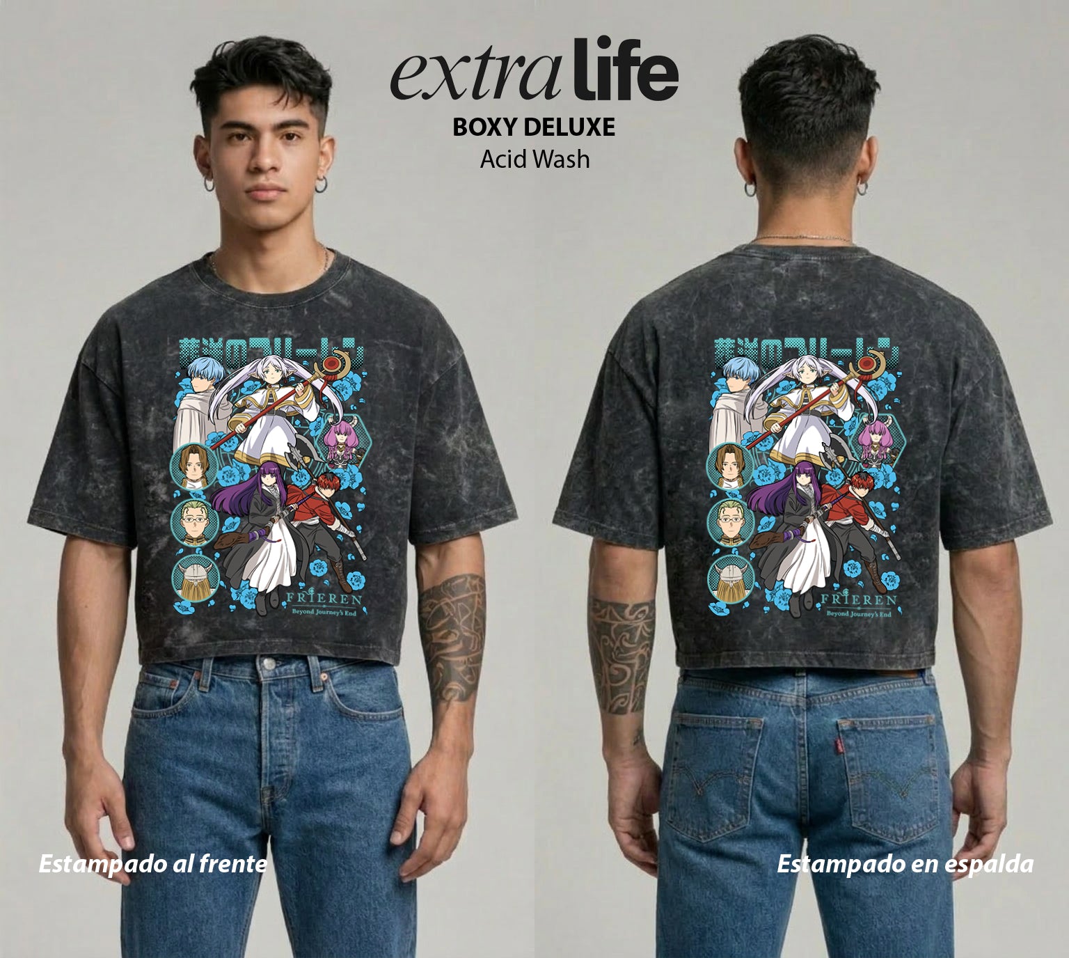 Playera streetwear premium de anime y gaming ExtraLife MX, corte boxy deluxe mineral wash heavyweight en color Acid Wash, moda urbana mexicana de culto.