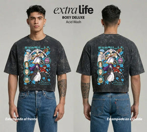 Playera streetwear premium de anime y gaming ExtraLife MX, corte boxy deluxe mineral wash heavyweight en color Acid Wash, moda urbana mexicana de culto.