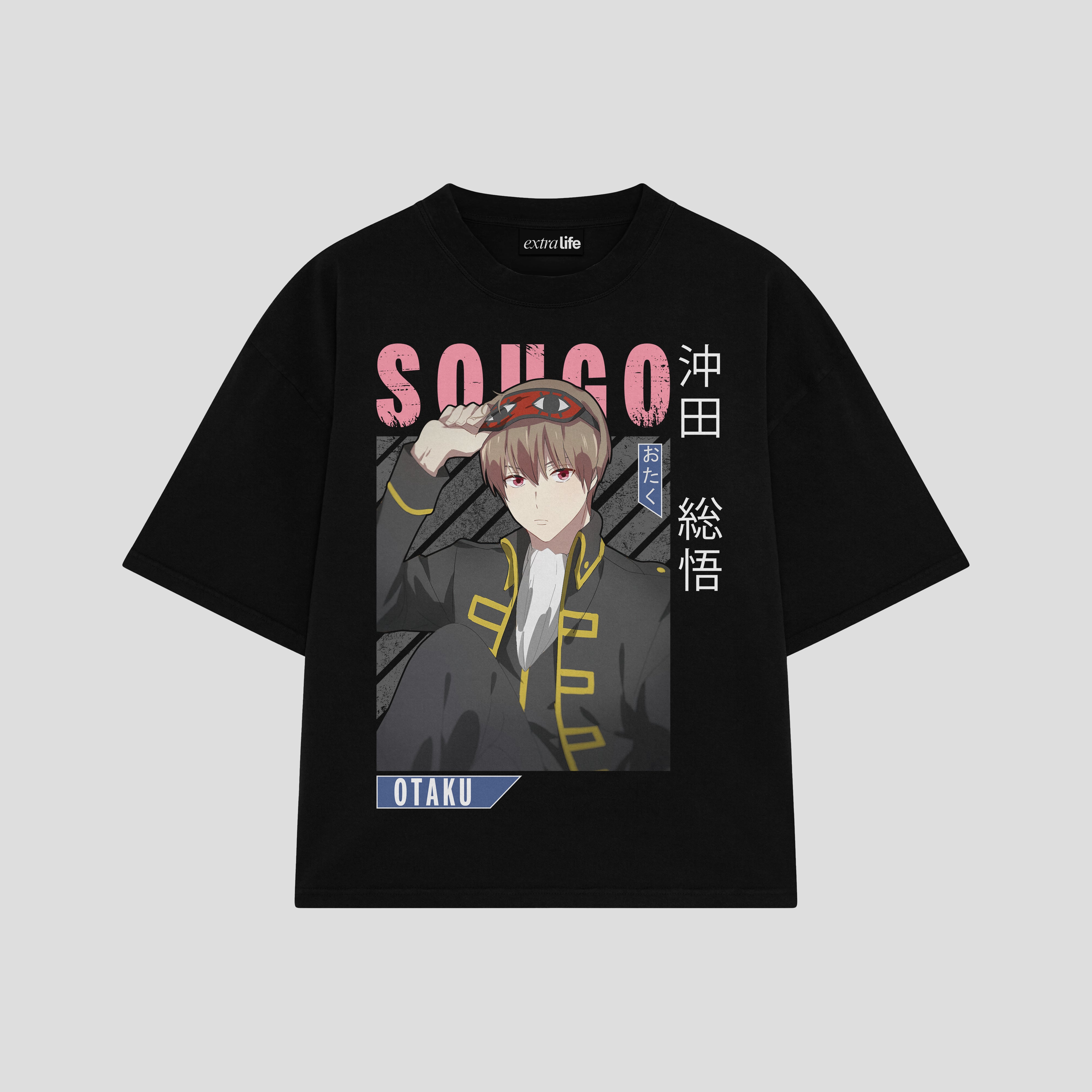 Playera streetwear premium de anime y gaming ExtraLife MX, corte boxy oversized drop shoulder heavyweight en color Deep Black y Off-White, moda urbana mexicana de culto.