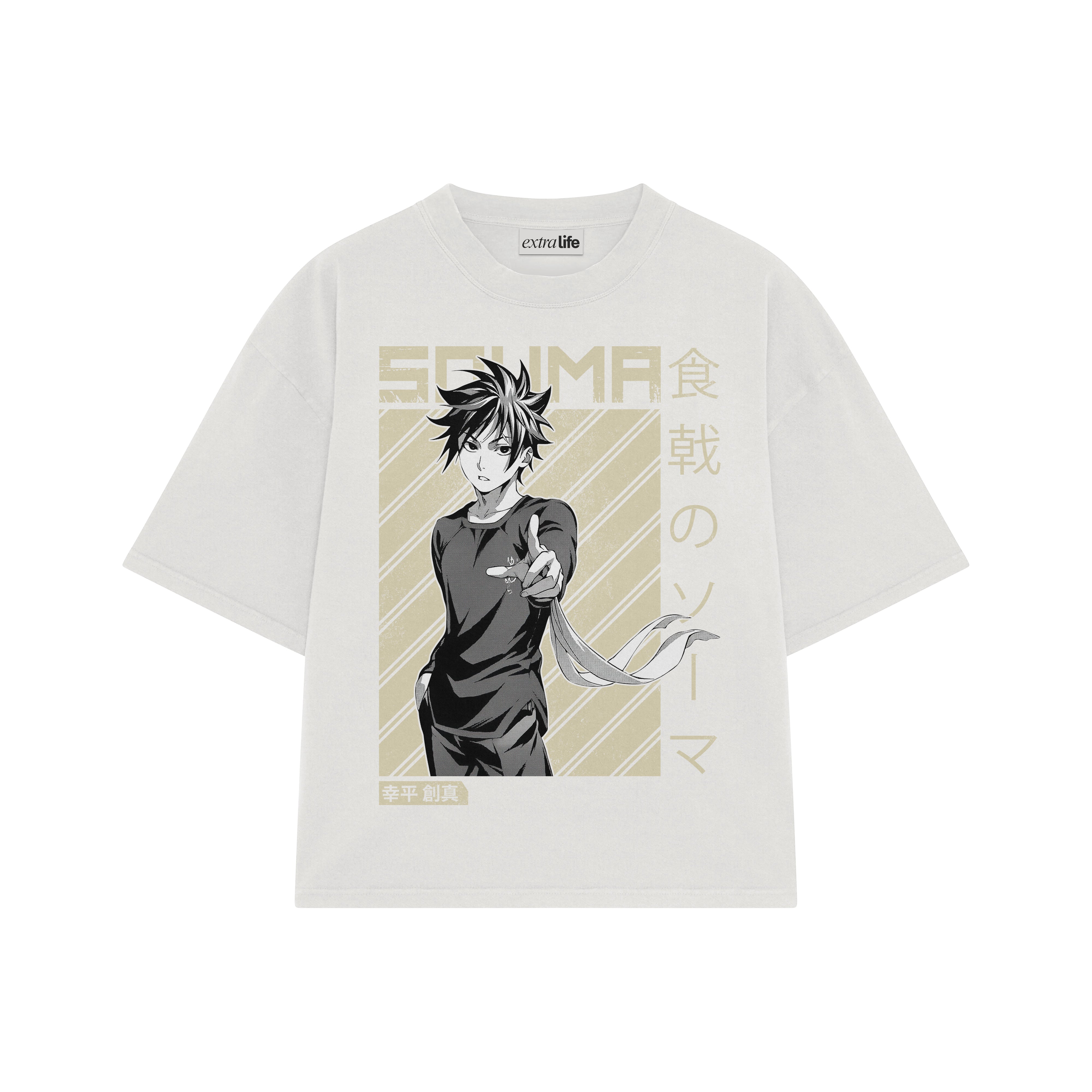 Playera streetwear premium de anime y gaming ExtraLife MX, corte boxy oversized drop shoulder heavyweight en color Deep Black y Off-White, moda urbana mexicana de culto.