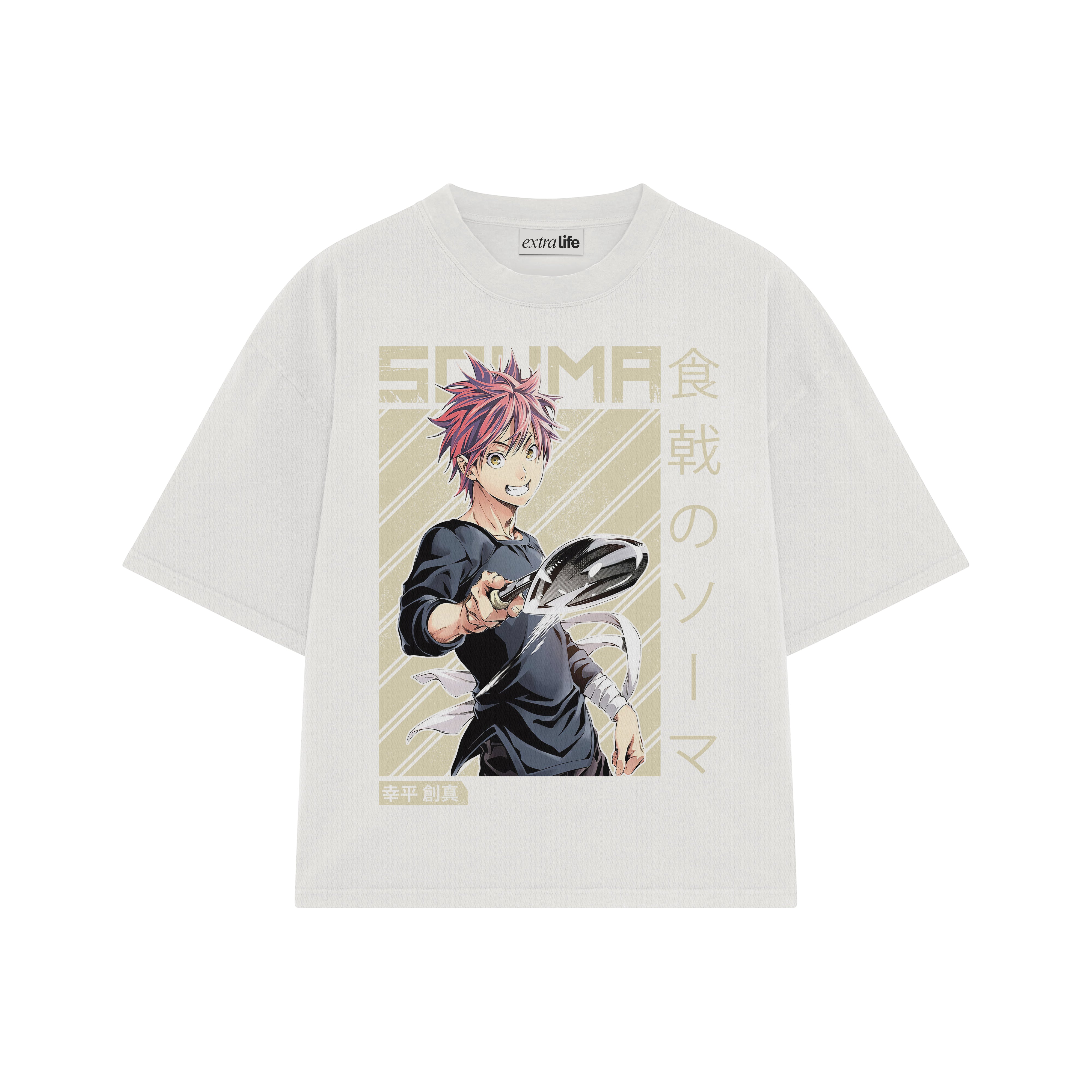 Playera streetwear premium de anime y gaming ExtraLife MX, corte boxy oversized drop shoulder heavyweight en color Deep Black y Off-White, moda urbana mexicana de culto.