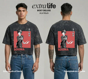 Playera streetwear premium de anime y gaming ExtraLife MX, corte boxy deluxe mineral wash heavyweight en color Acid Wash, moda urbana mexicana de culto.