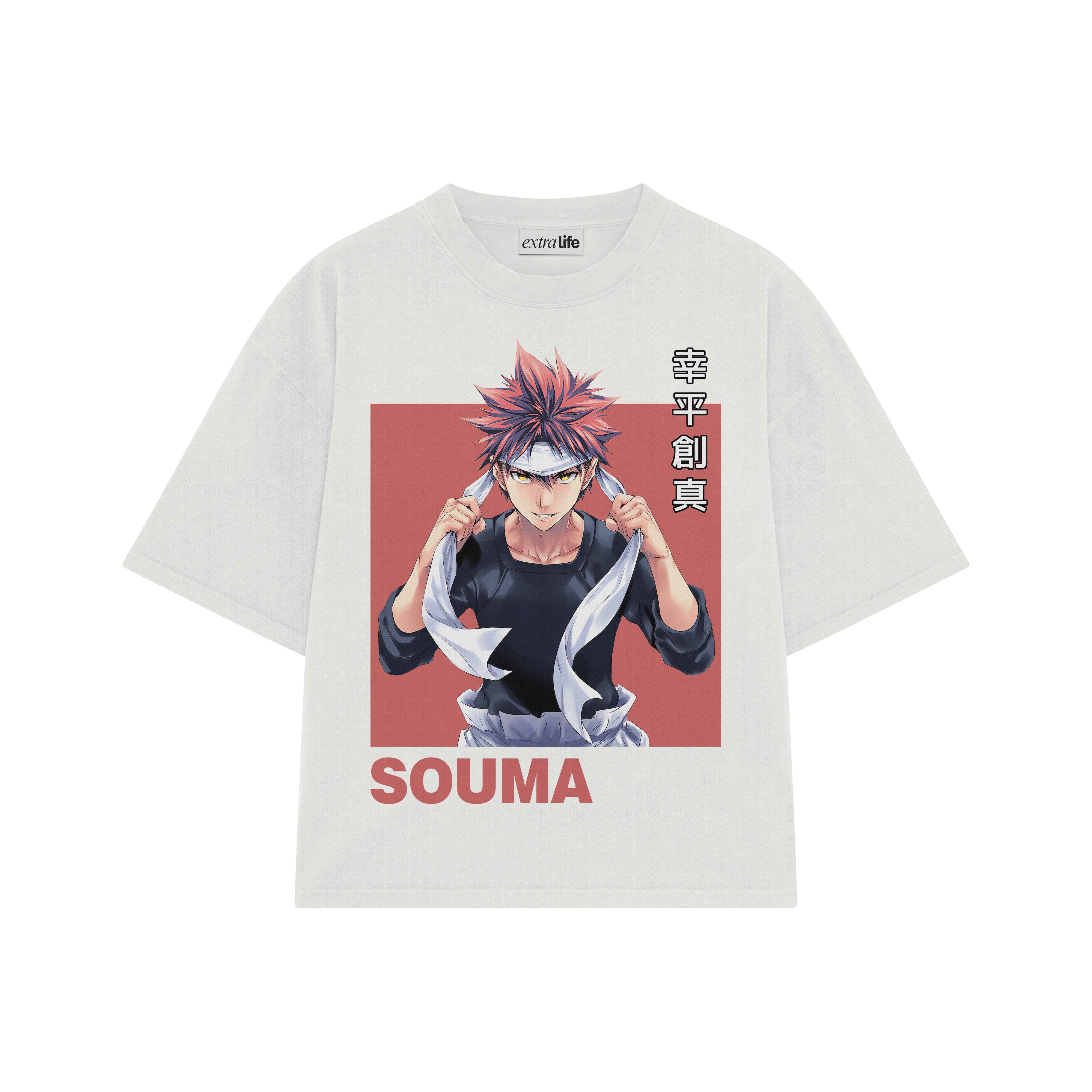 Playera streetwear premium de anime y gaming ExtraLife MX, corte boxy oversized drop shoulder heavyweight en color Deep Black y Off-White, moda urbana mexicana de culto.