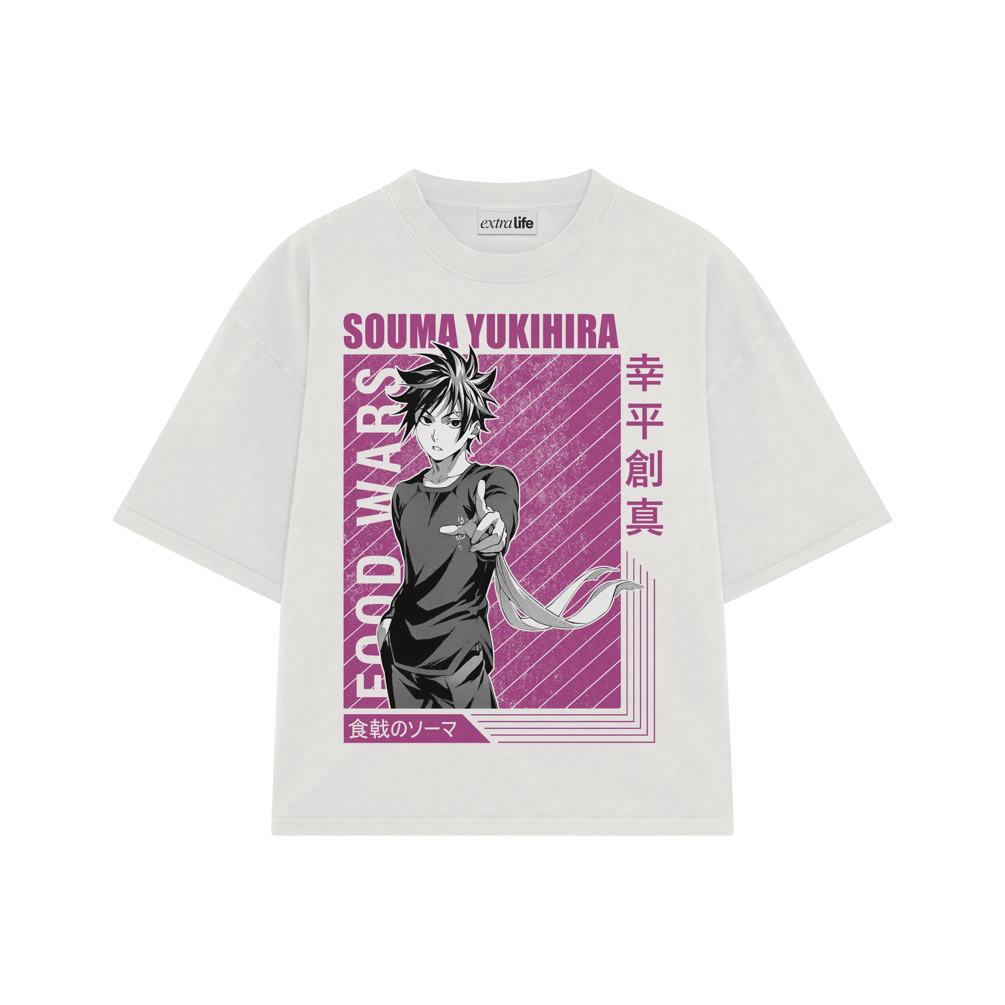 Playera streetwear premium de anime y gaming ExtraLife MX, corte boxy oversized drop shoulder heavyweight en color Deep Black y Off-White, moda urbana mexicana de culto.