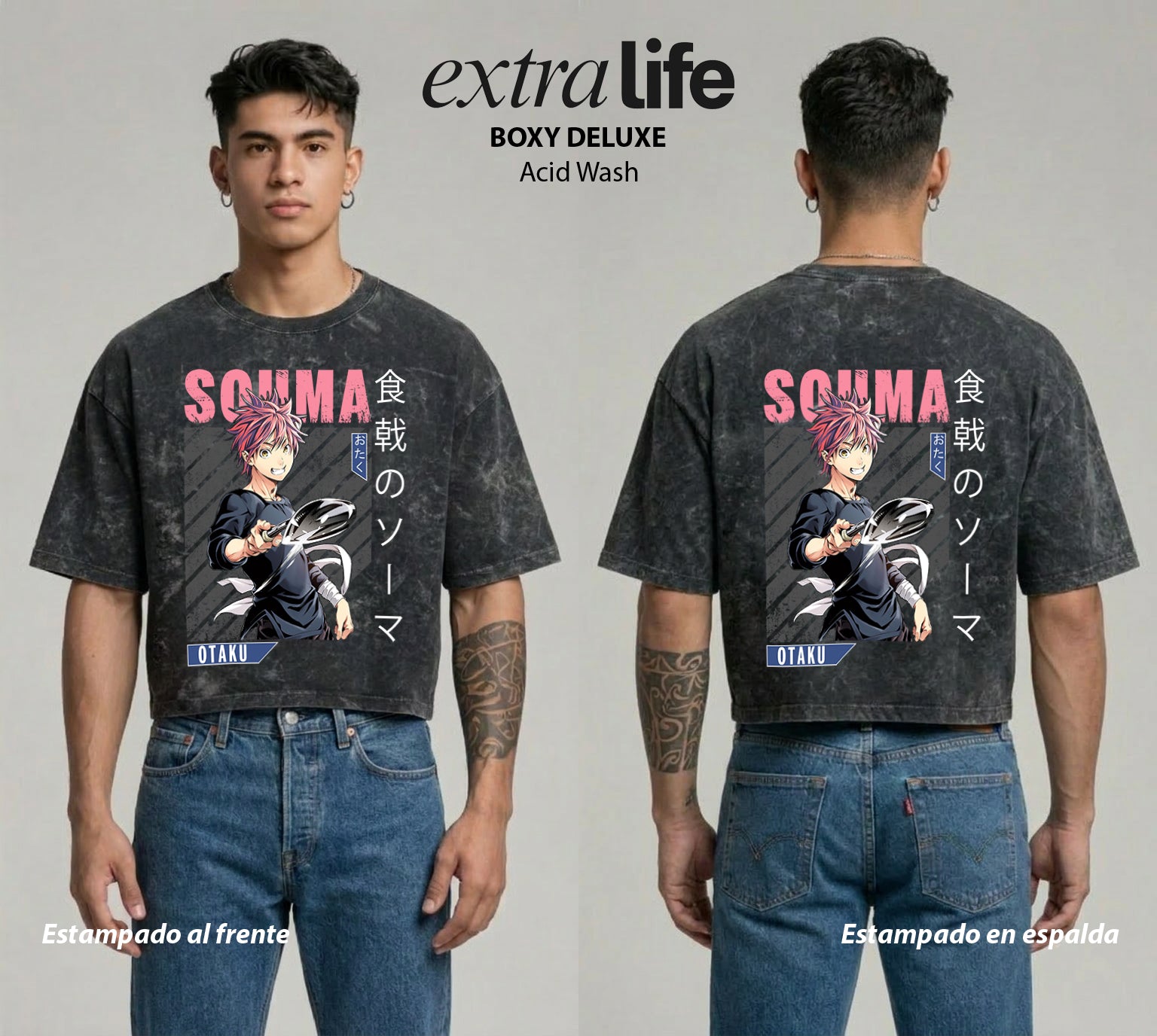 Playera streetwear premium de anime y gaming ExtraLife MX, corte boxy deluxe mineral wash heavyweight en color Acid Wash, moda urbana mexicana de culto.
