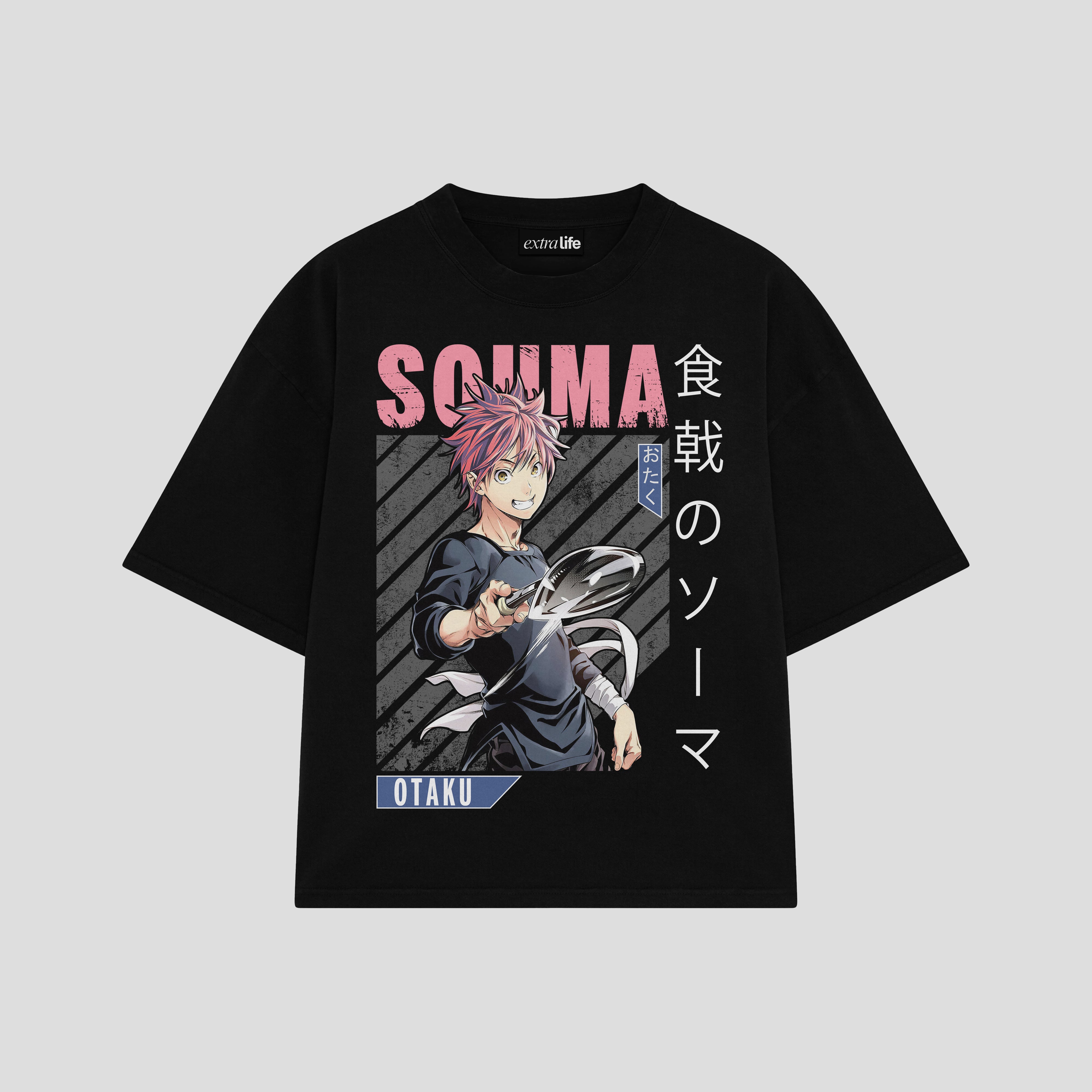 Playera streetwear premium de anime y gaming ExtraLife MX, corte boxy oversized drop shoulder heavyweight en color Deep Black y Off-White, moda urbana mexicana de culto.