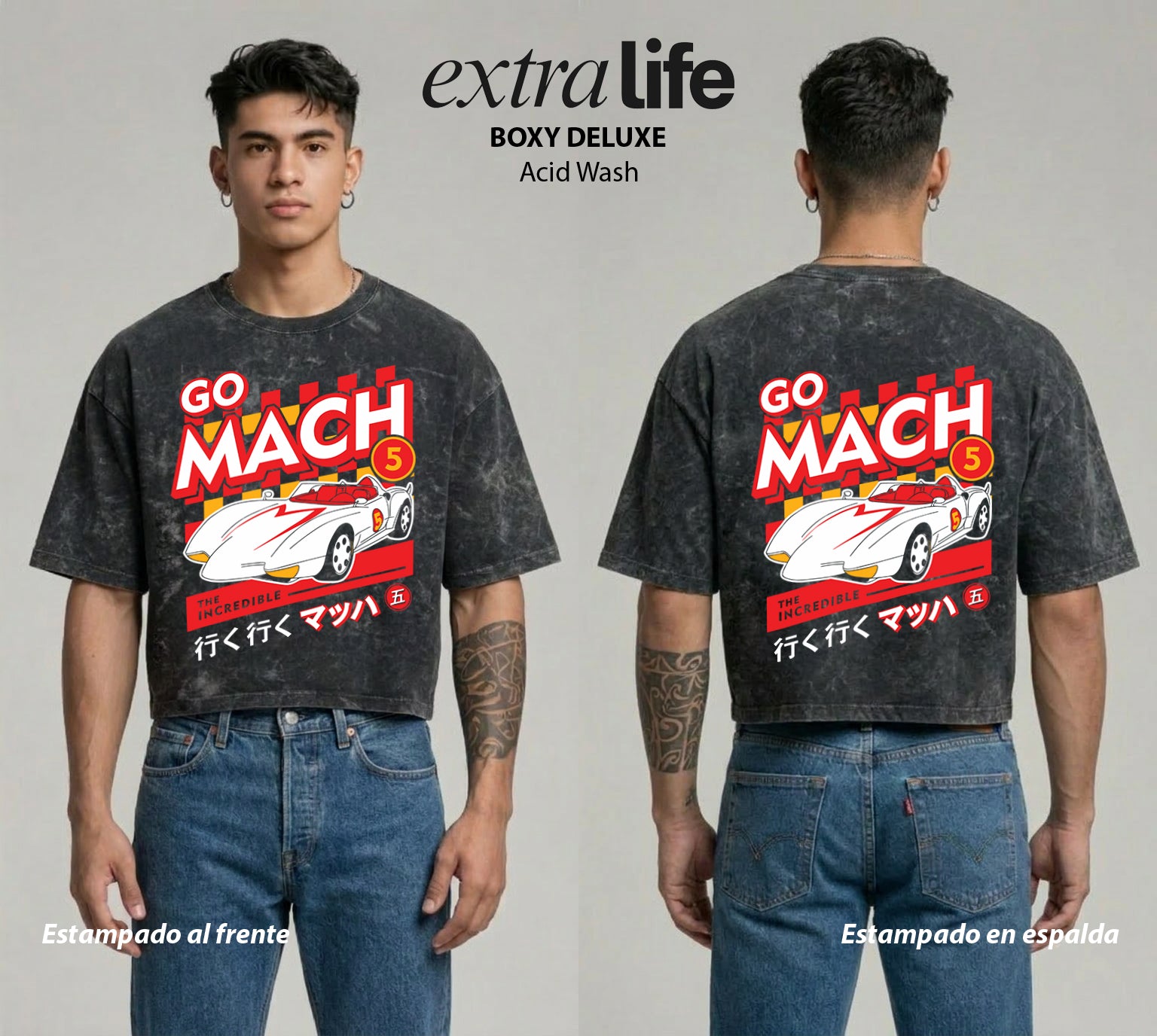 Playera streetwear premium de anime y gaming ExtraLife MX, corte boxy deluxe mineral wash heavyweight en color Acid Wash, moda urbana mexicana de culto.