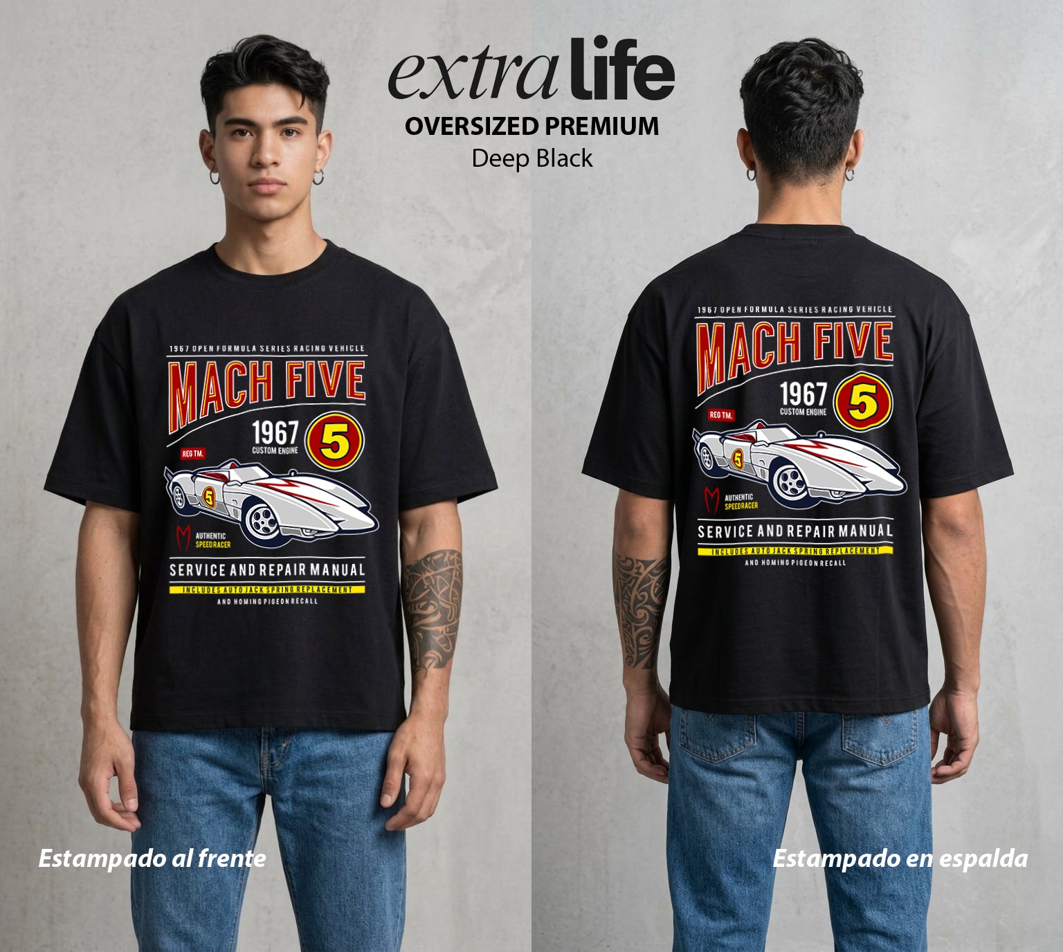 La Pista del Destino | El Mach 5 del Bien #04099 - Playera Oversized Premium | Deep Black - Foto en modelo
