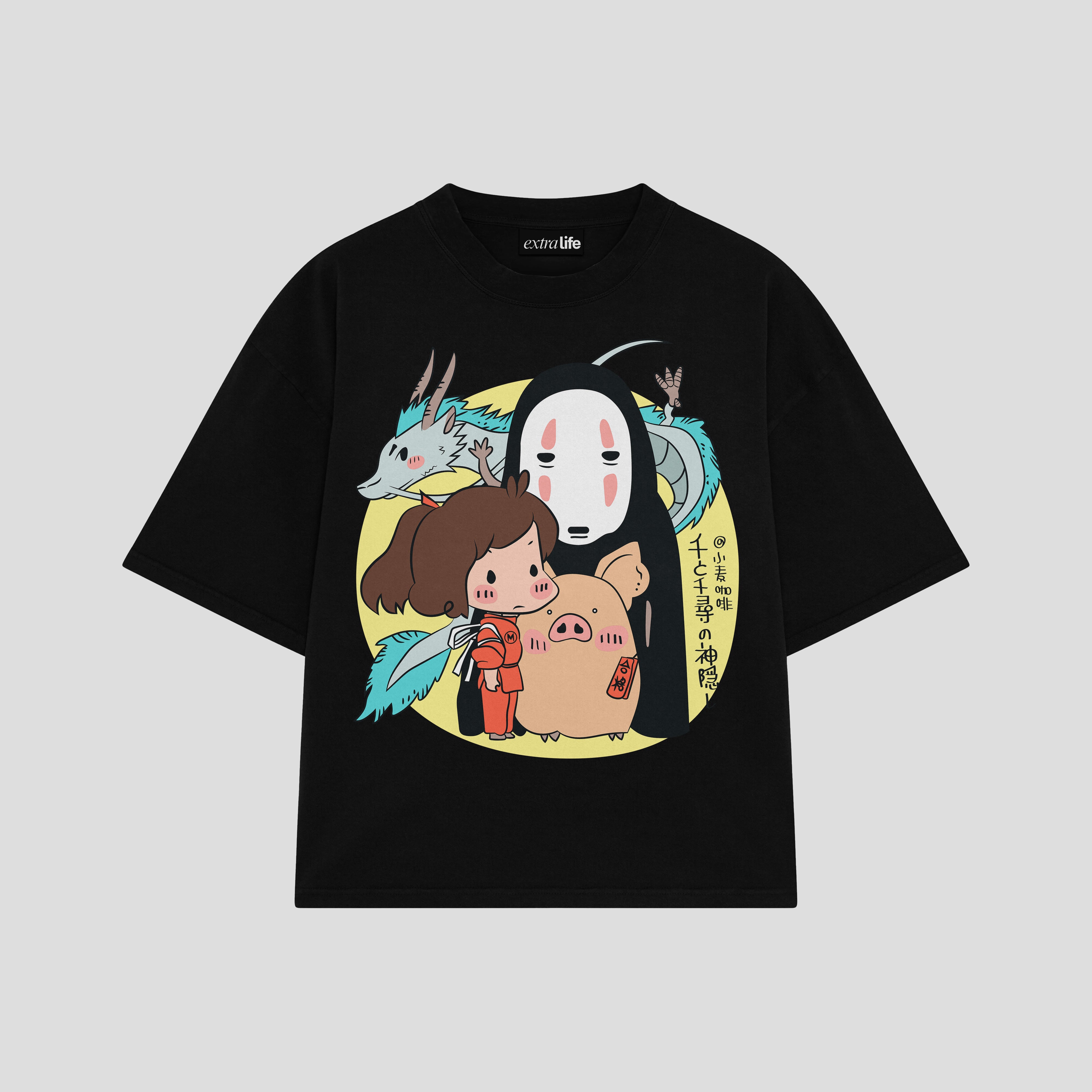 Playera streetwear premium de anime y gaming ExtraLife MX, corte boxy oversized drop shoulder heavyweight en color Deep Black y Off-White, moda urbana mexicana de culto.