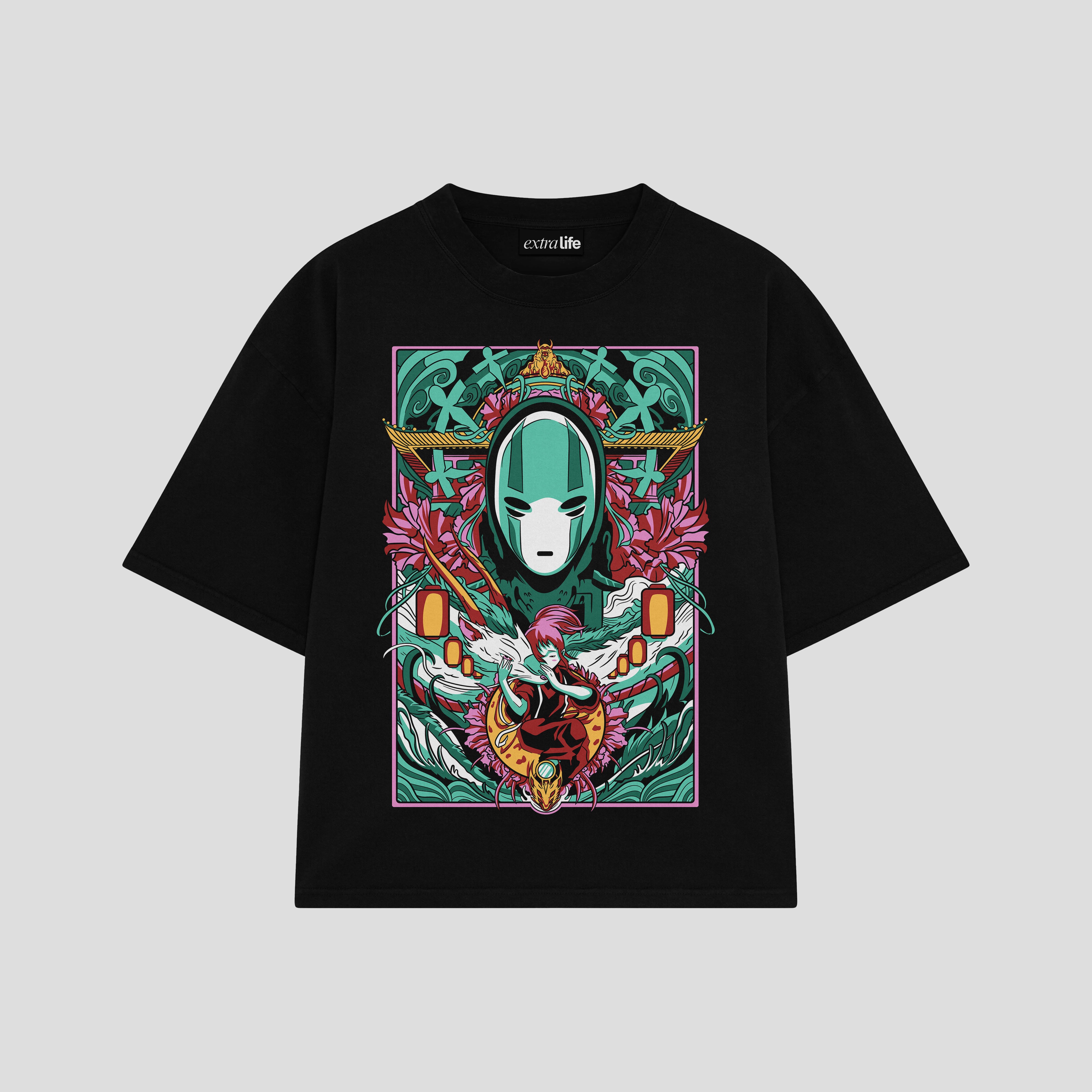 Playera streetwear premium de anime y gaming ExtraLife MX, corte boxy oversized drop shoulder heavyweight en color Deep Black y Off-White, moda urbana mexicana de culto.