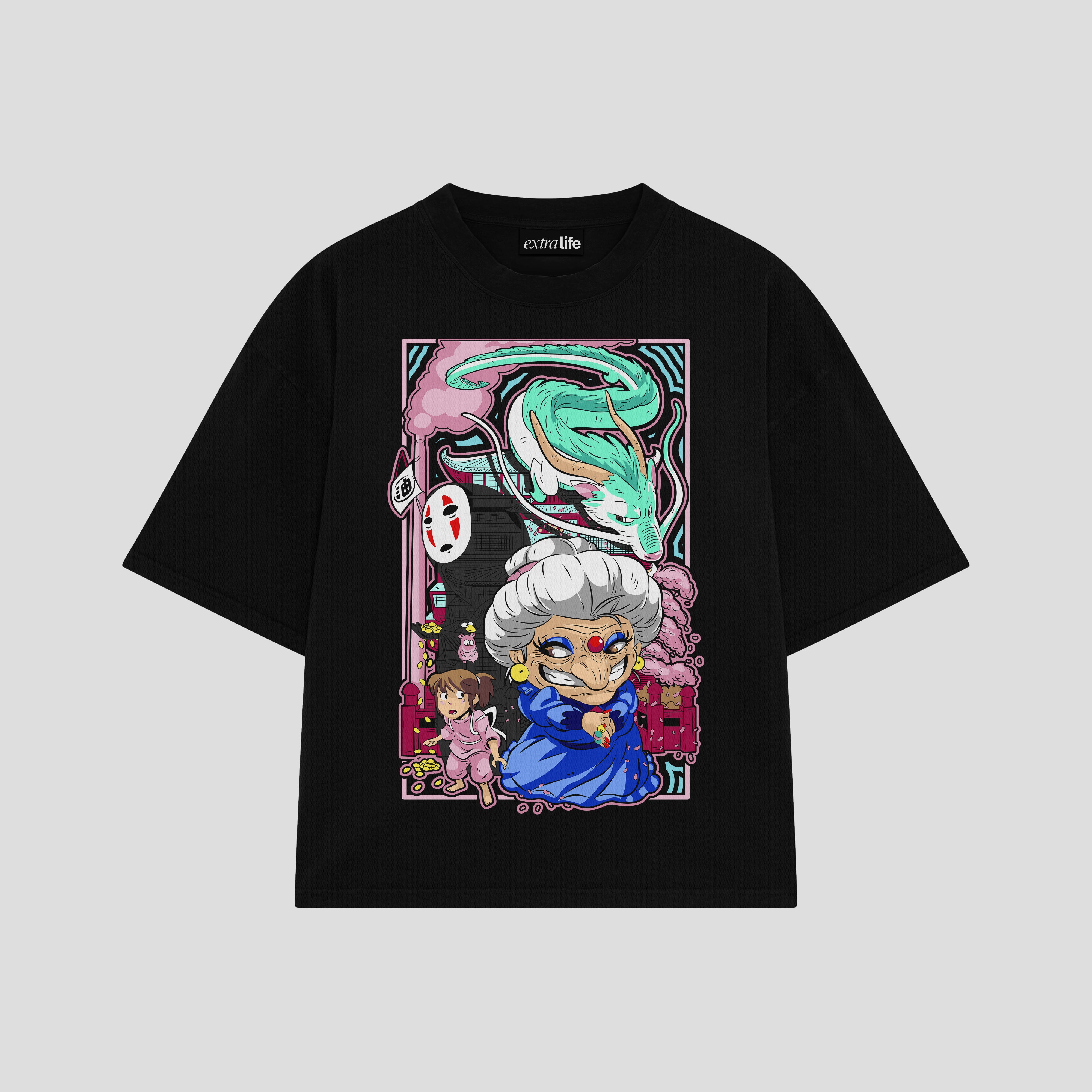 Playera streetwear premium de anime y gaming ExtraLife MX, corte boxy oversized drop shoulder heavyweight en color Deep Black y Off-White, moda urbana mexicana de culto.
