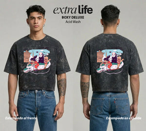 Playera streetwear premium de anime y gaming ExtraLife MX, corte boxy deluxe mineral wash heavyweight en color Acid Wash, moda urbana mexicana de culto.