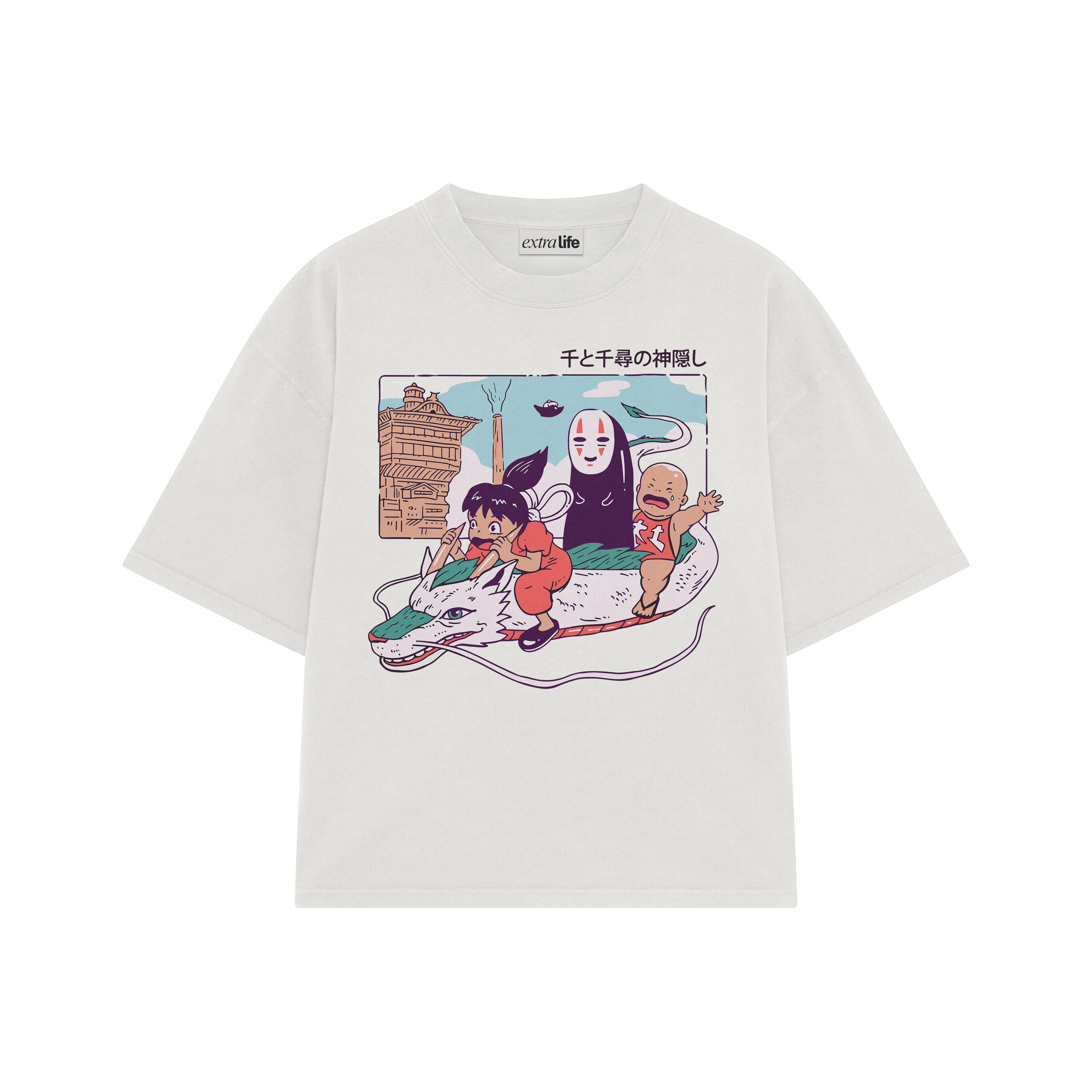 Playera streetwear premium de anime y gaming ExtraLife MX, corte boxy oversized drop shoulder heavyweight en color Deep Black y Off-White, moda urbana mexicana de culto.