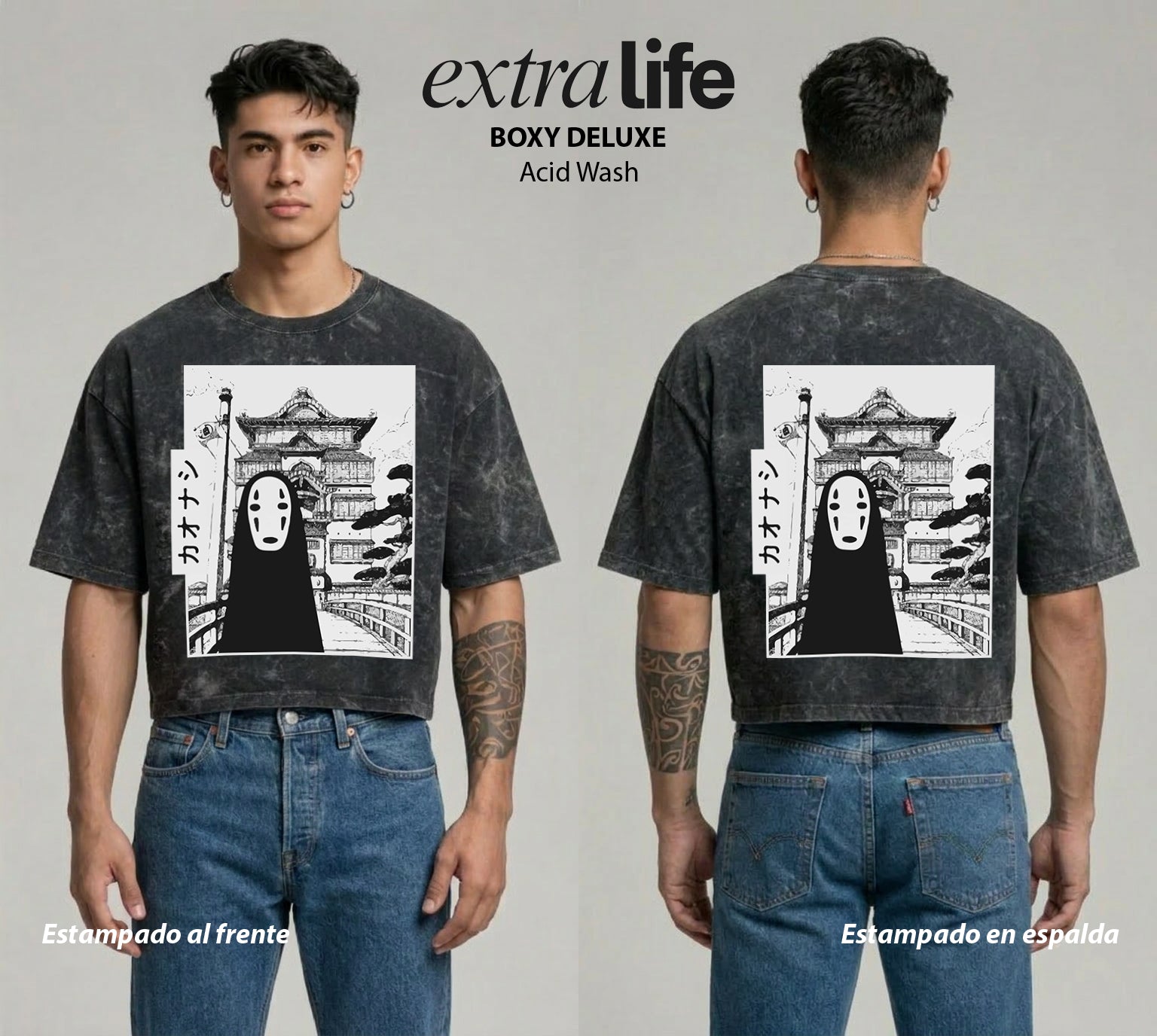 Playera streetwear premium de anime y gaming ExtraLife MX, corte boxy deluxe mineral wash heavyweight en color Acid Wash, moda urbana mexicana de culto.