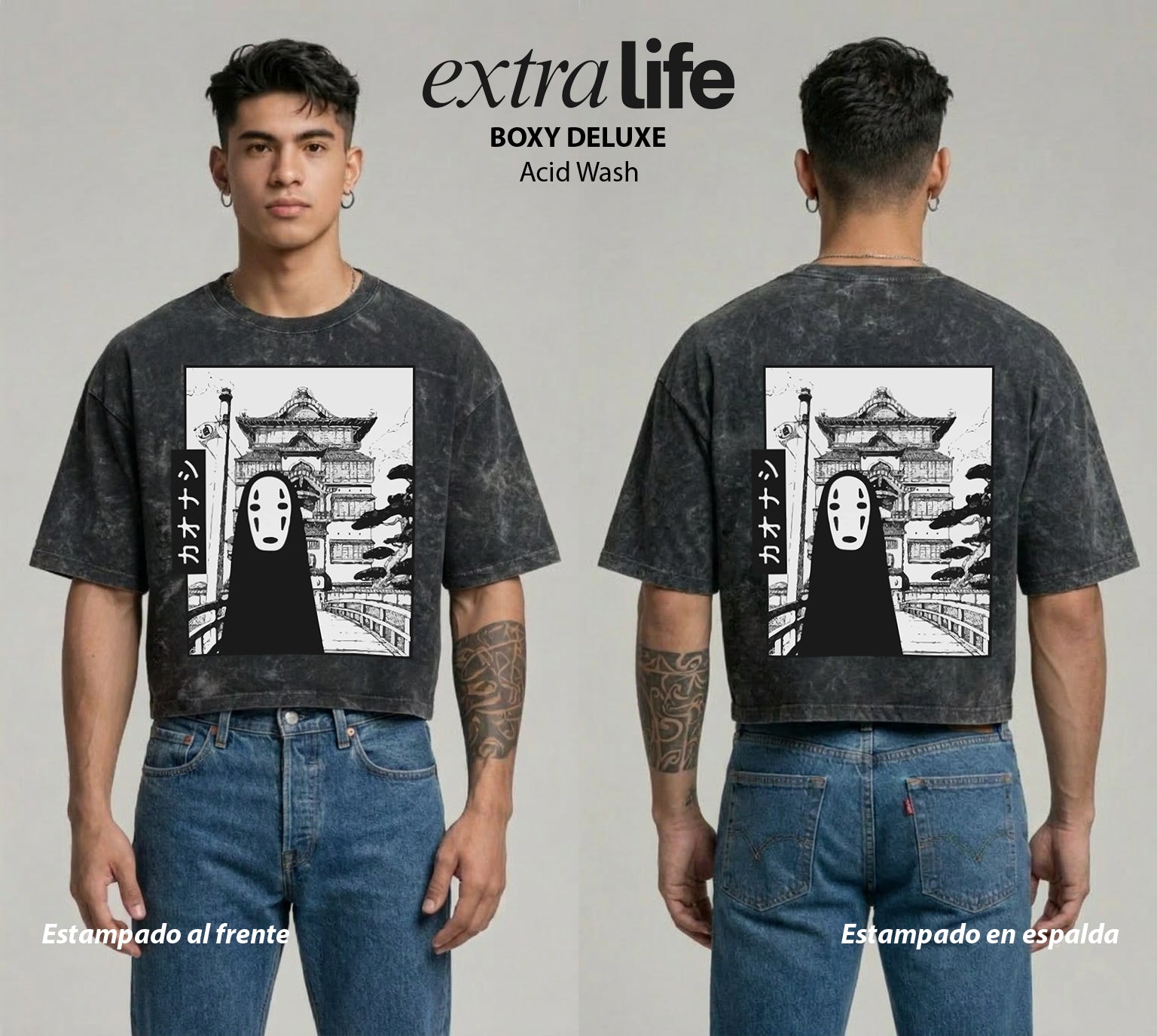 Playera streetwear premium de anime y gaming ExtraLife MX, corte boxy deluxe mineral wash heavyweight en color Acid Wash, moda urbana mexicana de culto.