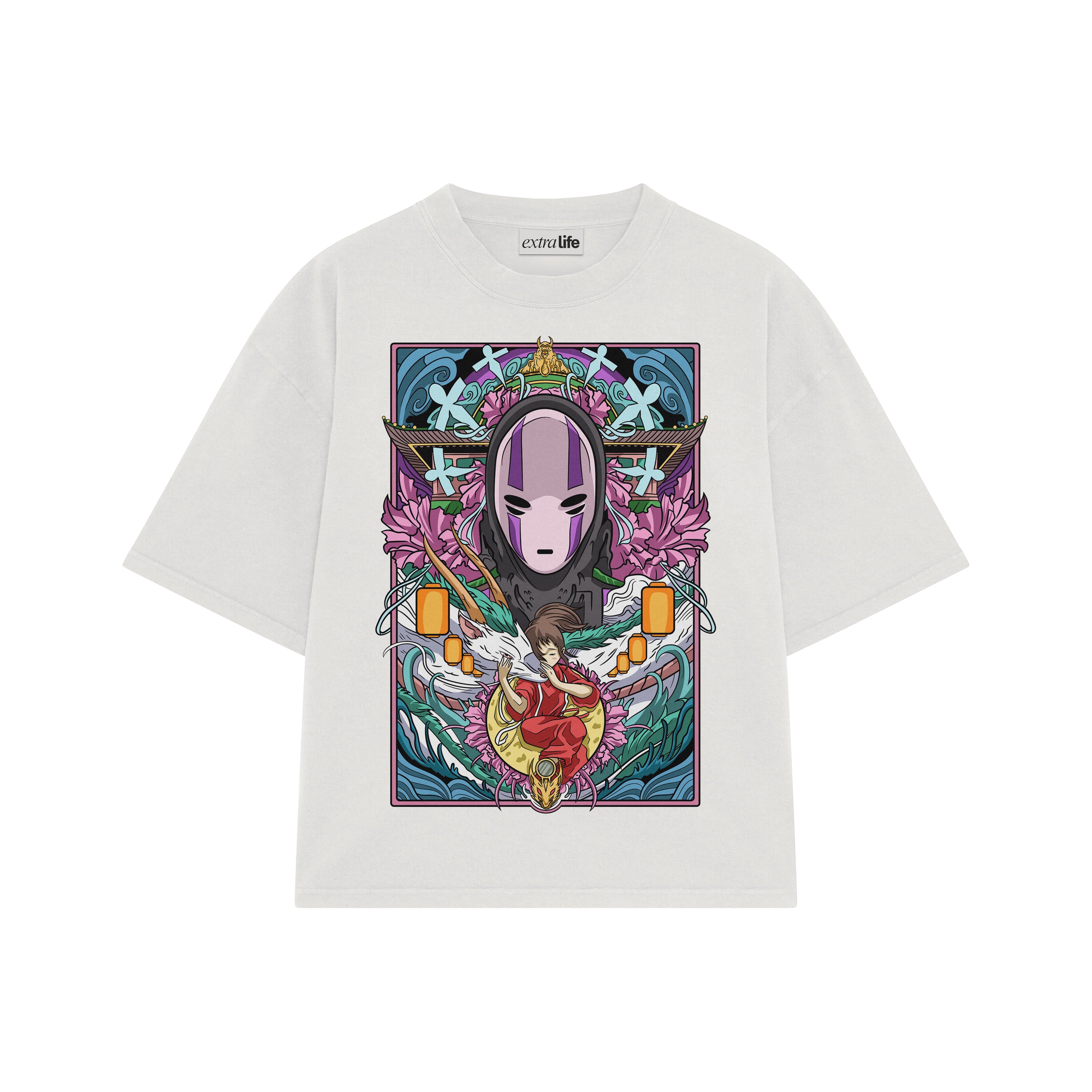 Playera streetwear premium de anime y gaming ExtraLife MX, corte boxy oversized drop shoulder heavyweight en color Deep Black y Off-White, moda urbana mexicana de culto.
