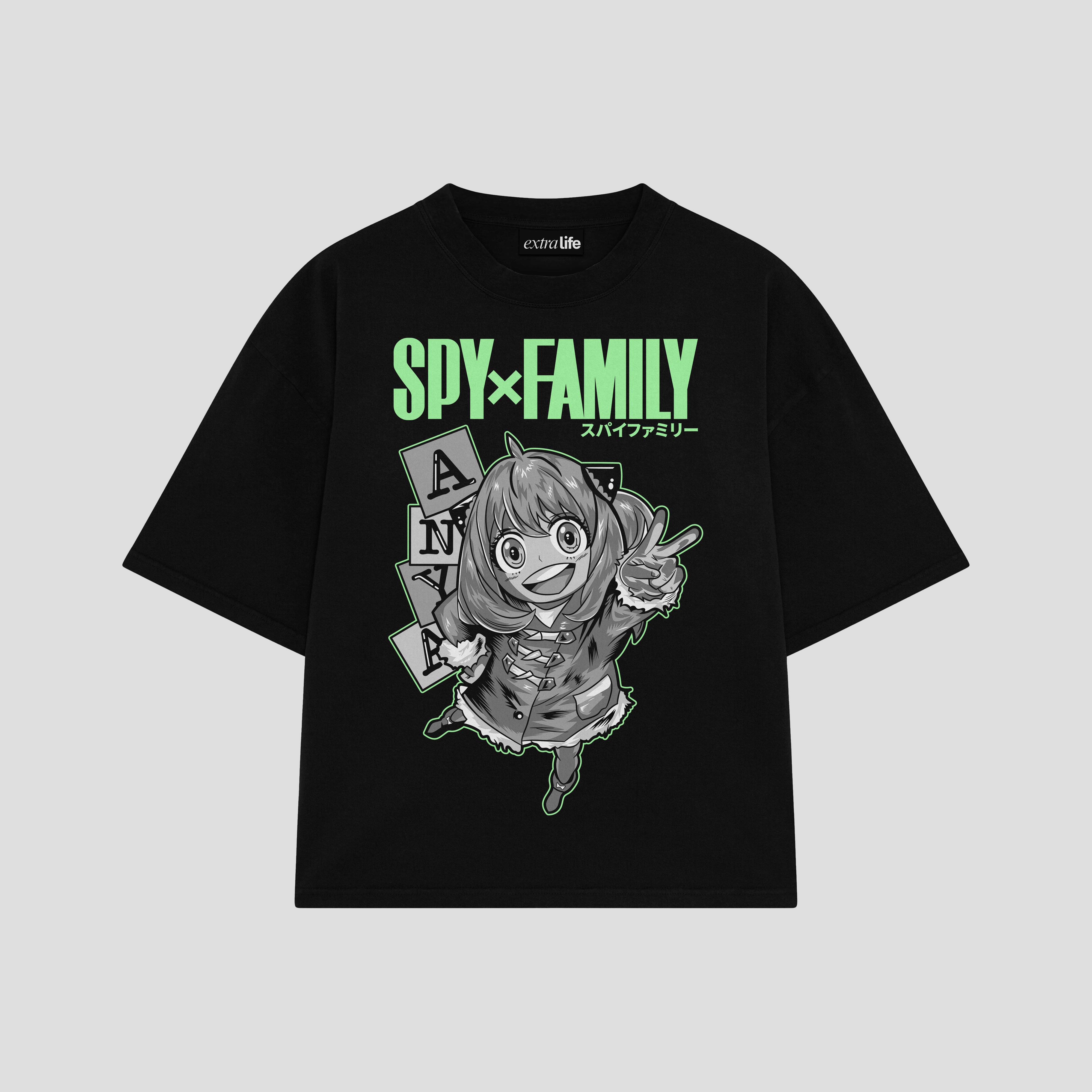 Playera streetwear premium de anime y gaming ExtraLife MX, corte boxy oversized drop shoulder heavyweight en color Deep Black y Off-White, moda urbana mexicana de culto.