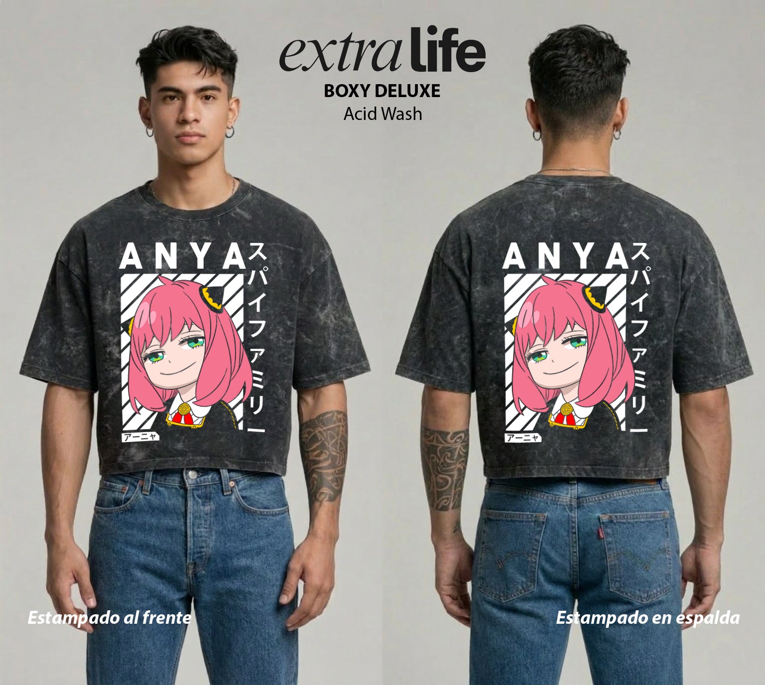 Playera streetwear premium de anime y gaming ExtraLife MX, corte boxy deluxe mineral wash heavyweight en color Acid Wash, moda urbana mexicana de culto.