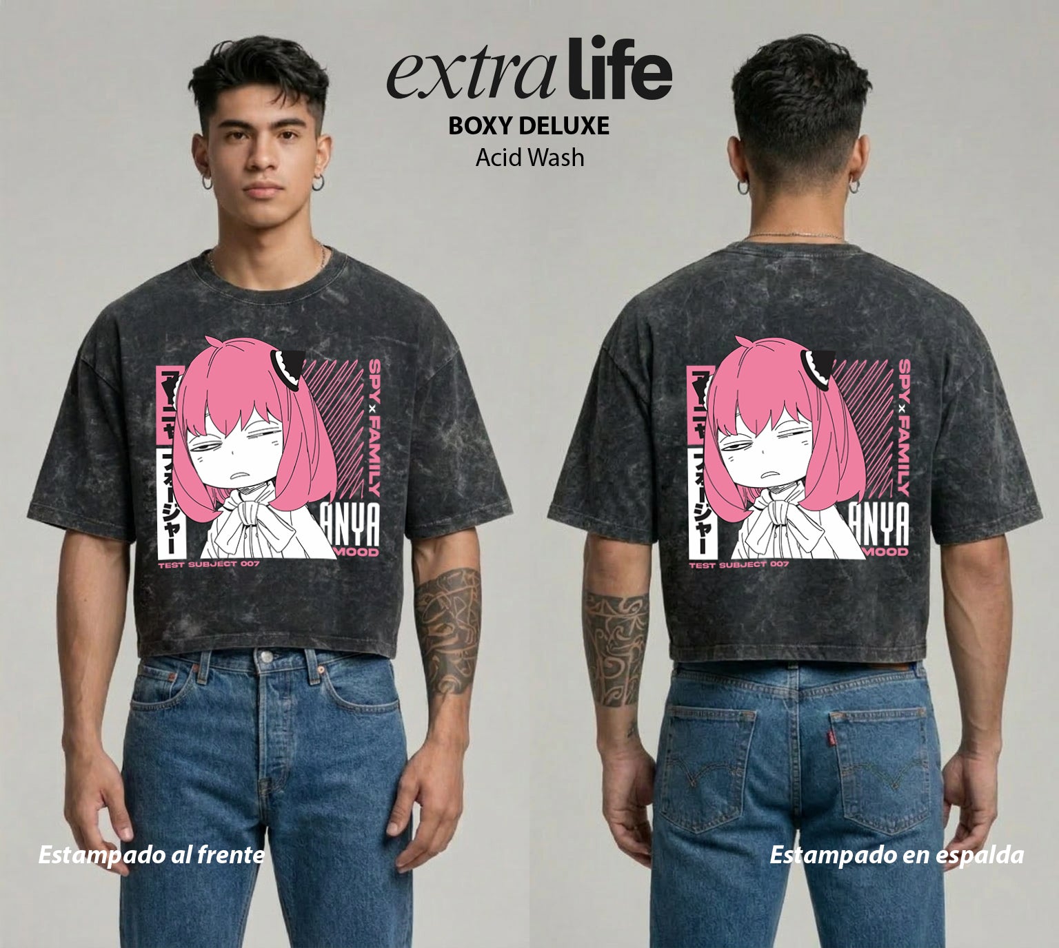 Playera streetwear premium de anime y gaming ExtraLife MX, corte boxy deluxe mineral wash heavyweight en color Acid Wash, moda urbana mexicana de culto.