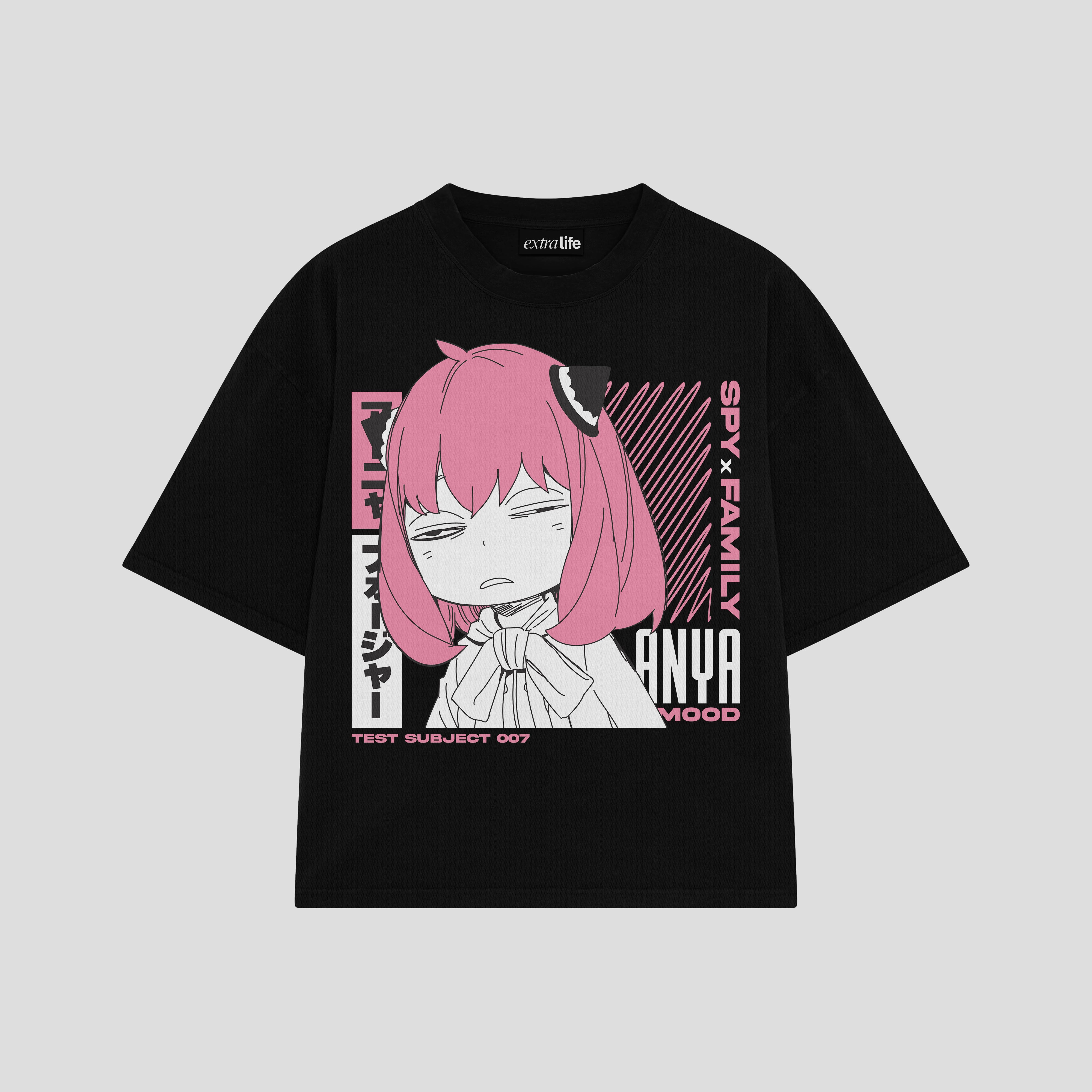 Playera streetwear premium de anime y gaming ExtraLife MX, corte boxy oversized drop shoulder heavyweight en color Deep Black y Off-White, moda urbana mexicana de culto.