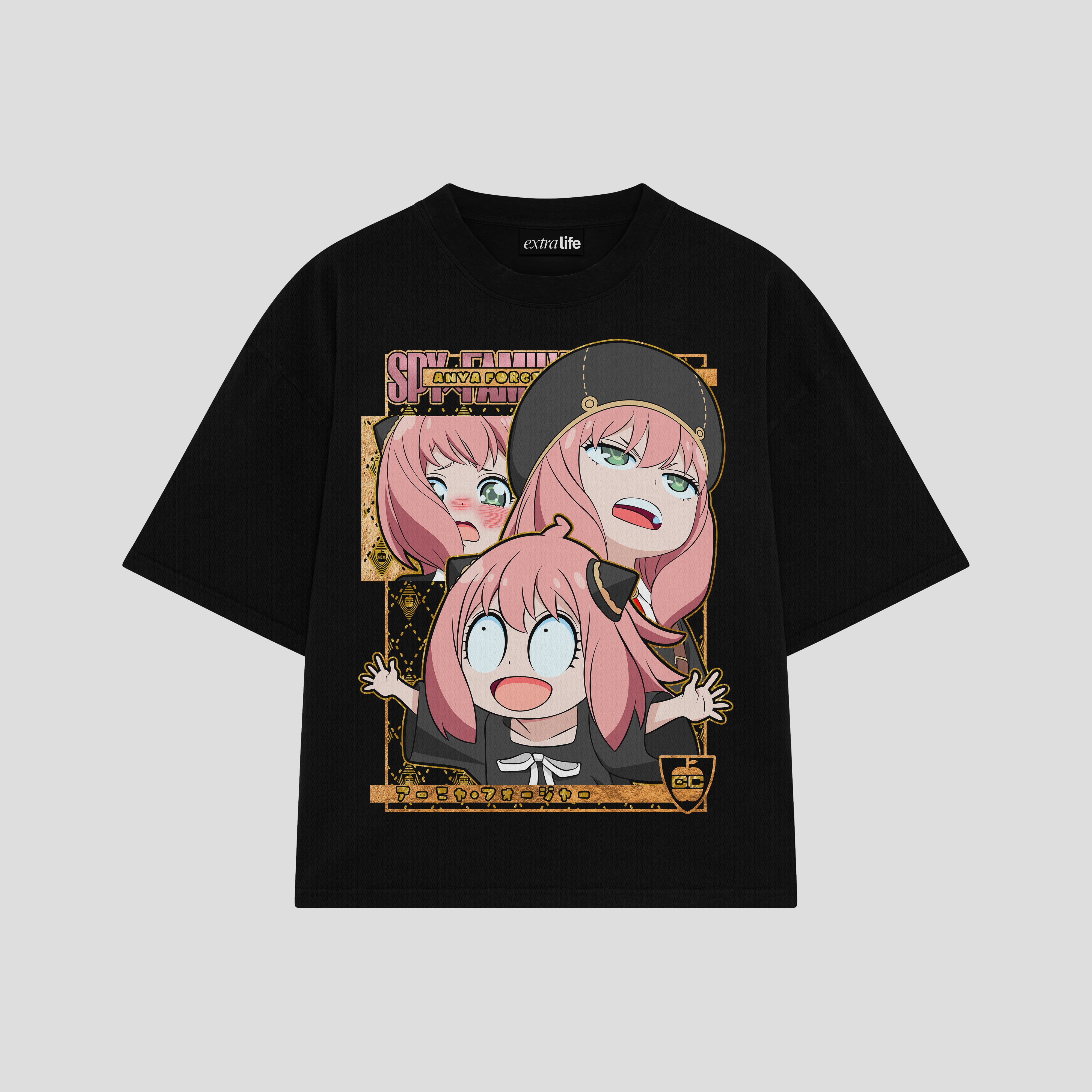 Playera streetwear premium de anime y gaming ExtraLife MX, corte boxy oversized drop shoulder heavyweight en color Deep Black y Off-White, moda urbana mexicana de culto.