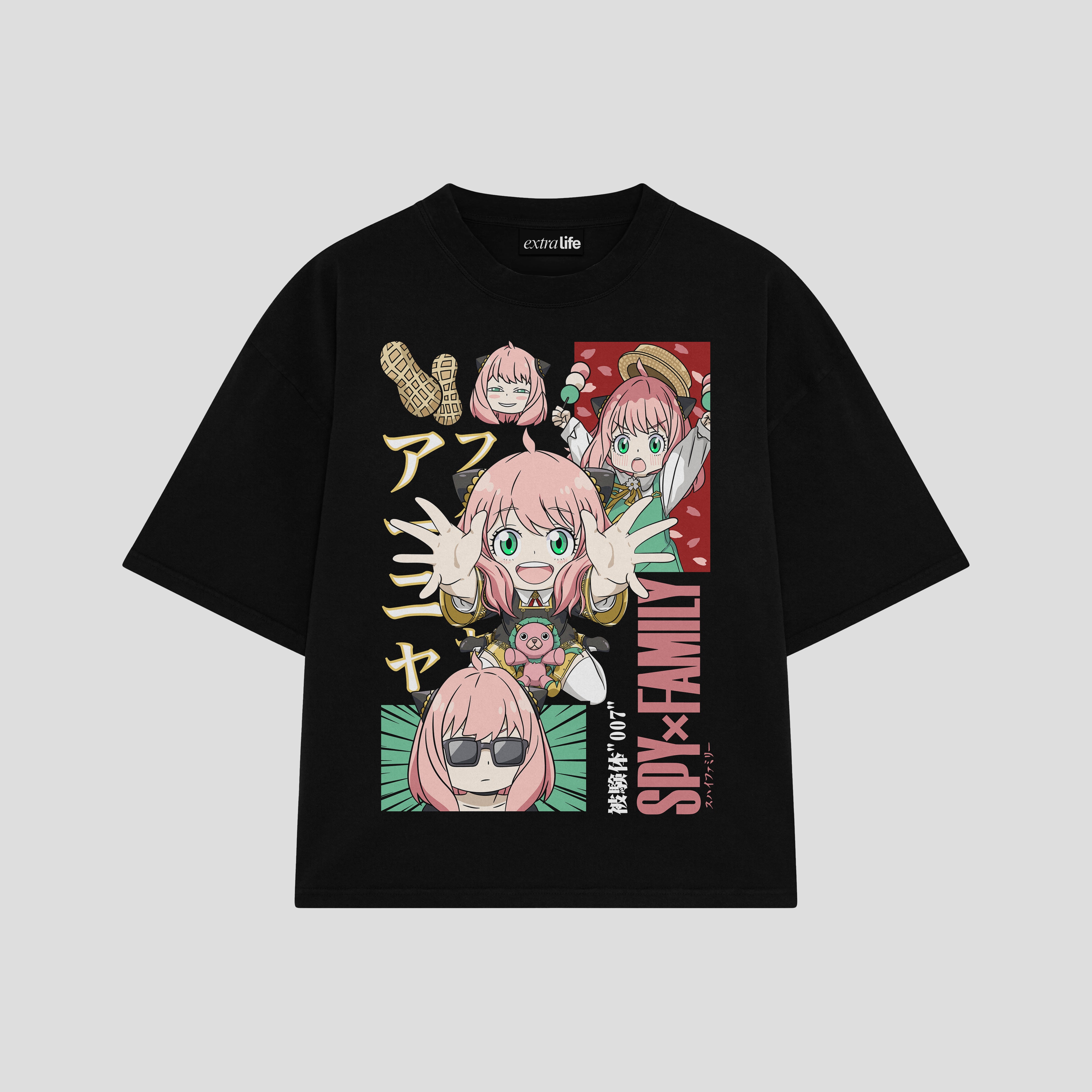 Playera streetwear premium de anime y gaming ExtraLife MX, corte boxy oversized drop shoulder heavyweight en color Deep Black y Off-White, moda urbana mexicana de culto.