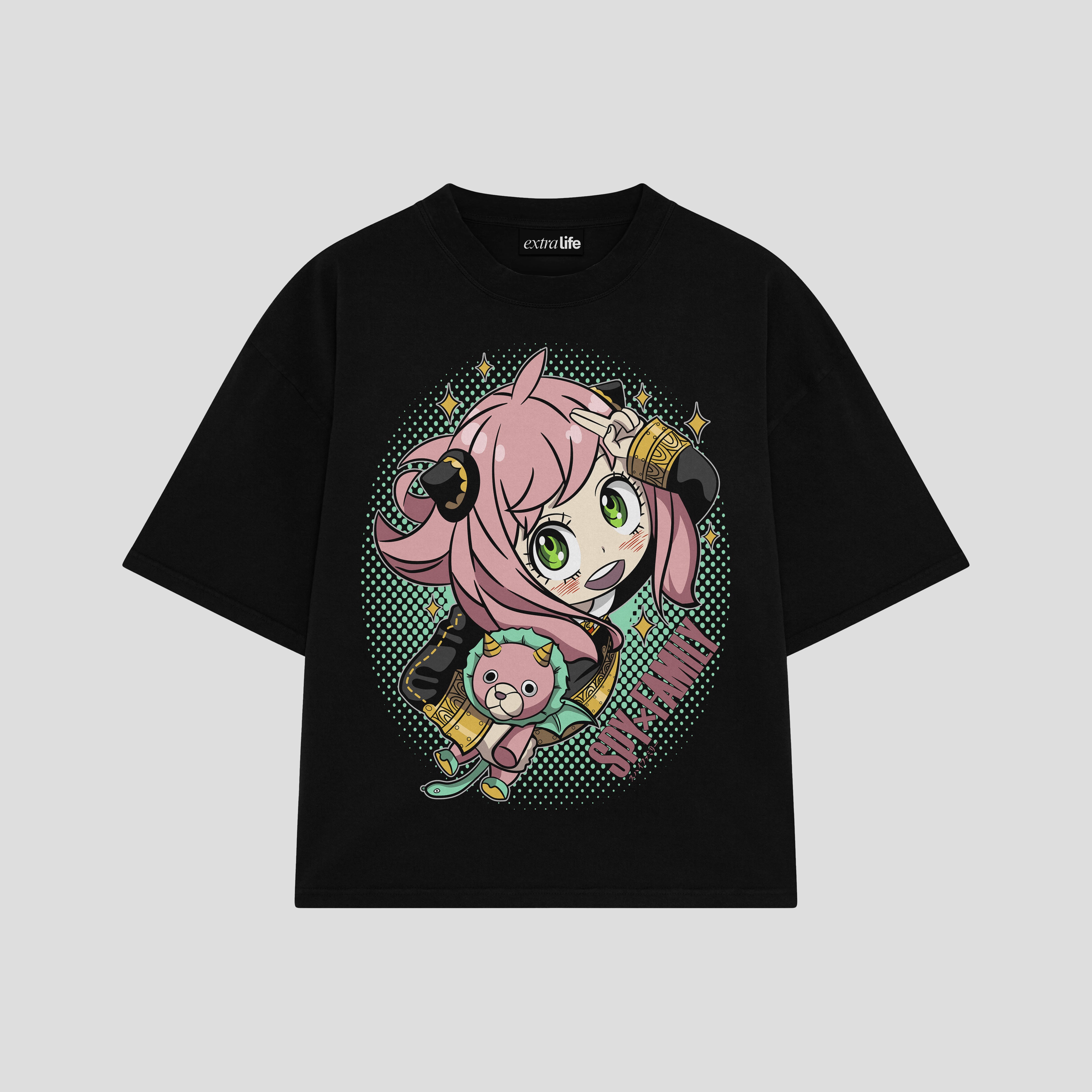 Playera streetwear premium de anime y gaming ExtraLife MX, corte boxy oversized drop shoulder heavyweight en color Deep Black y Off-White, moda urbana mexicana de culto.
