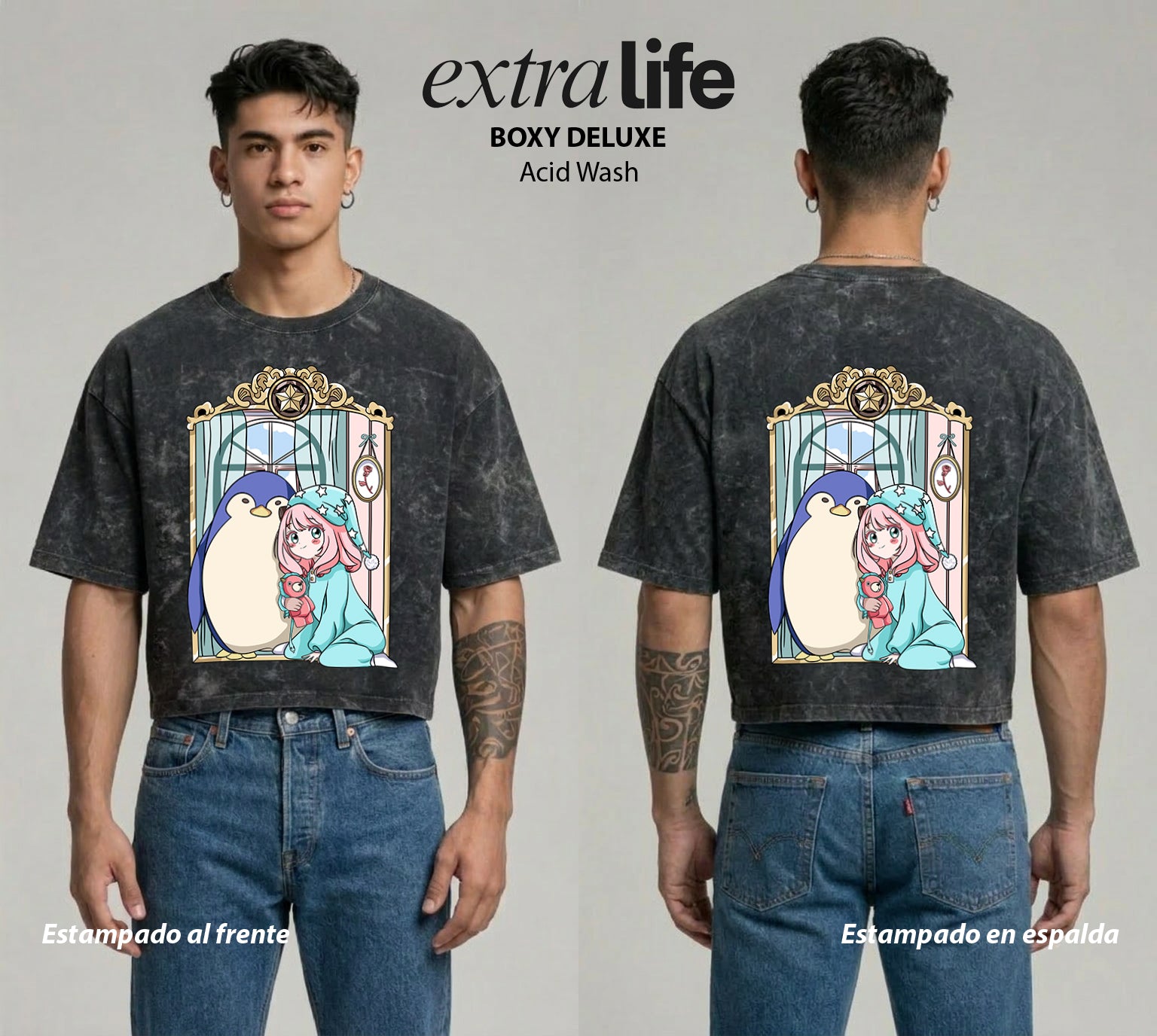 Playera streetwear premium de anime y gaming ExtraLife MX, corte boxy deluxe mineral wash heavyweight en color Acid Wash, moda urbana mexicana de culto.