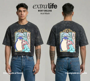 Playera streetwear premium de anime y gaming ExtraLife MX, corte boxy deluxe mineral wash heavyweight en color Acid Wash, moda urbana mexicana de culto.