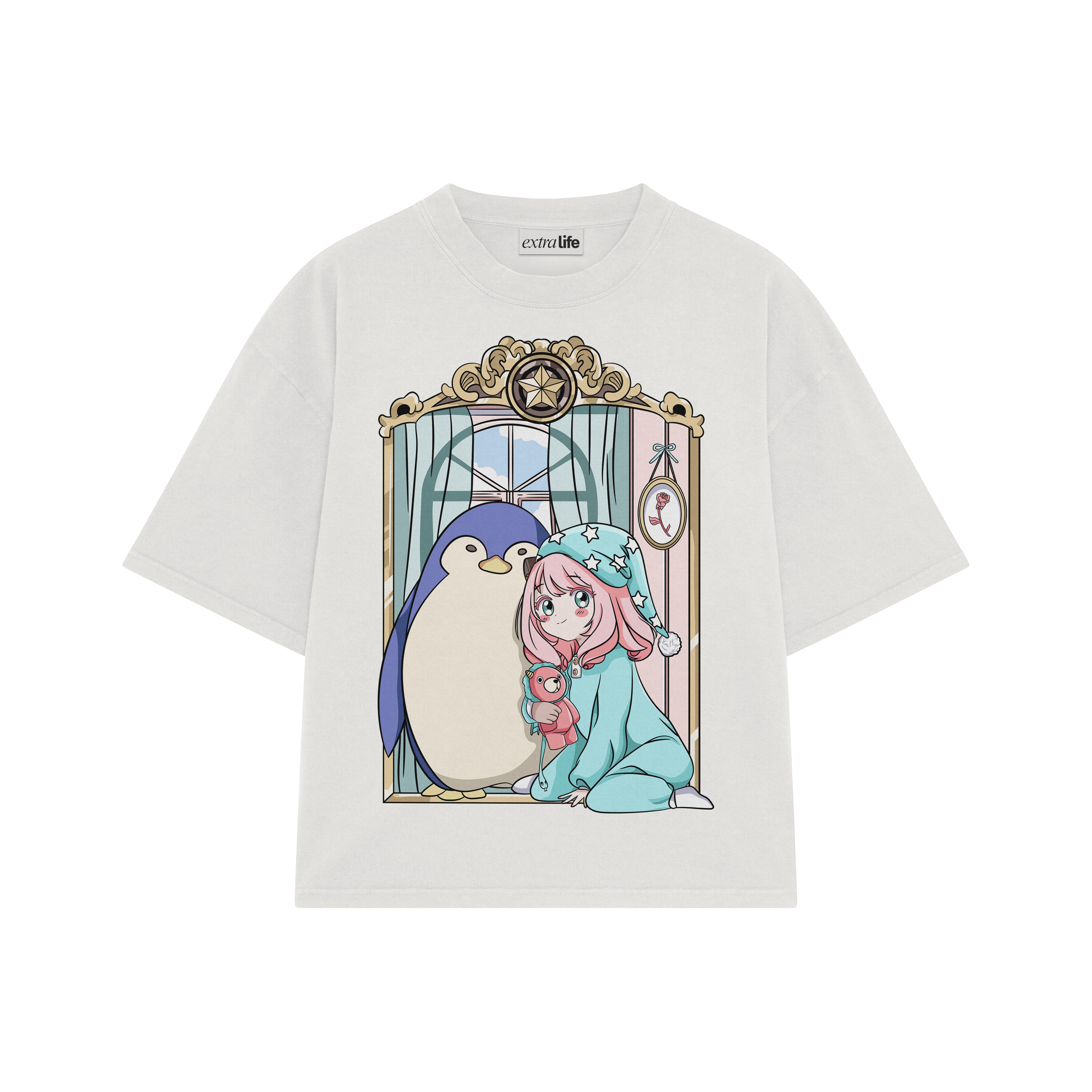 Playera streetwear premium de anime y gaming ExtraLife MX, corte boxy oversized drop shoulder heavyweight en color Deep Black y Off-White, moda urbana mexicana de culto.