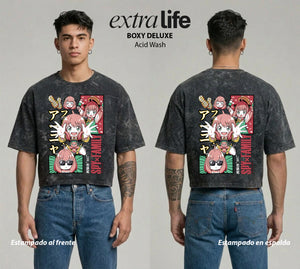 Playera streetwear premium de anime y gaming ExtraLife MX, corte boxy deluxe mineral wash heavyweight en color Acid Wash, moda urbana mexicana de culto.