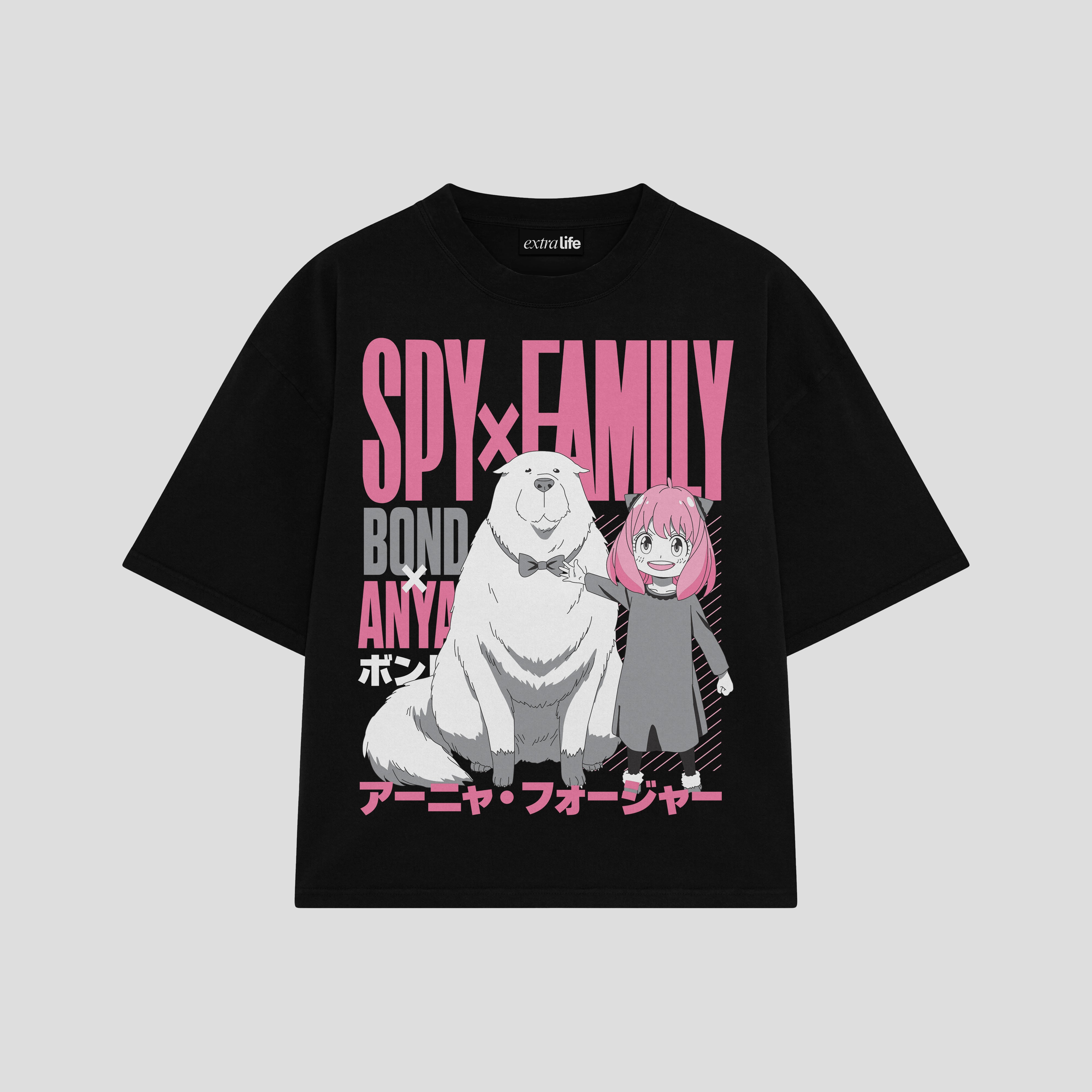 Playera streetwear premium de anime y gaming ExtraLife MX, corte boxy oversized drop shoulder heavyweight en color Deep Black y Off-White, moda urbana mexicana de culto.