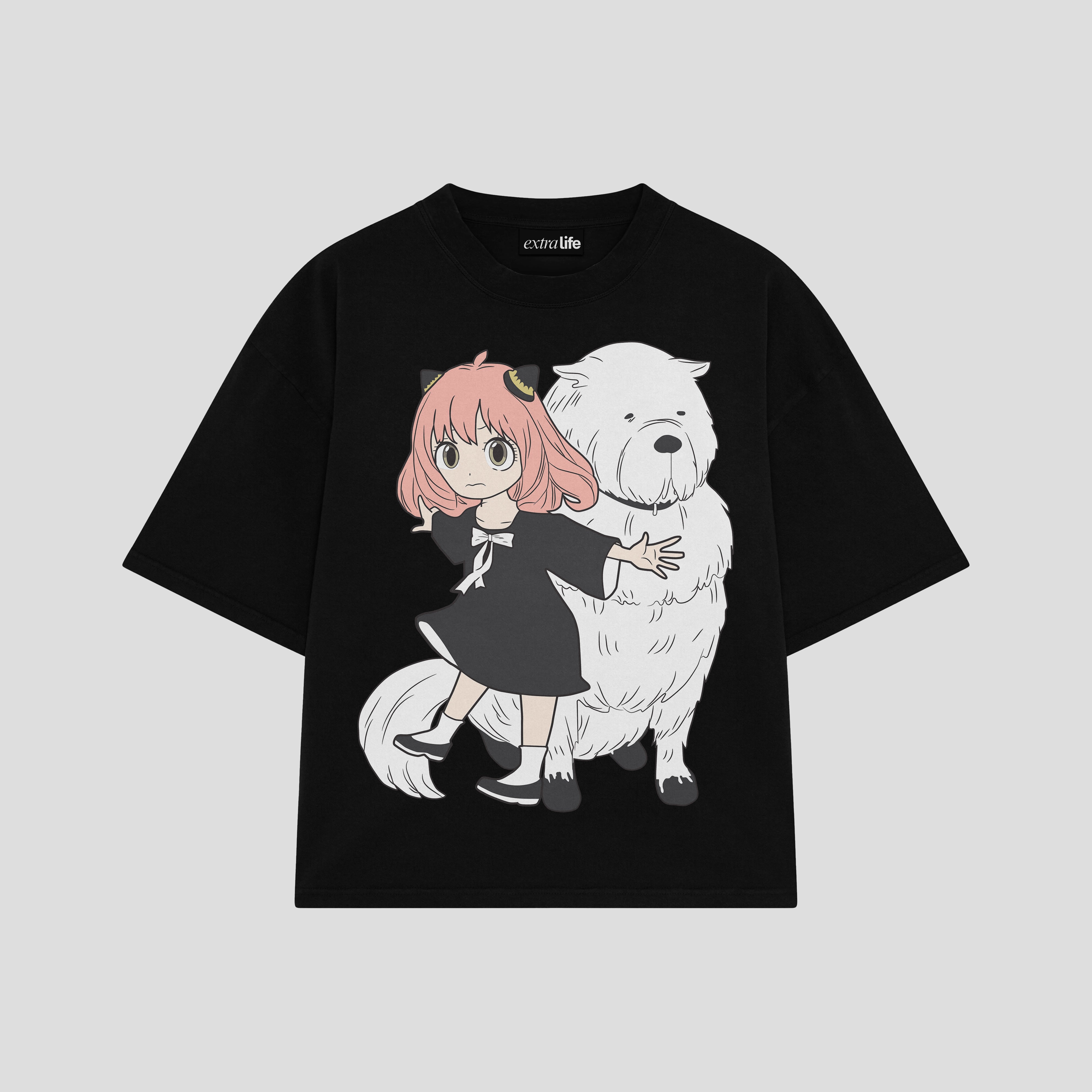 Playera streetwear premium de anime y gaming ExtraLife MX, corte boxy oversized drop shoulder heavyweight en color Deep Black y Off-White, moda urbana mexicana de culto.
