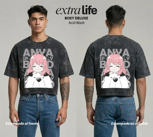 Playera streetwear premium de anime y gaming ExtraLife MX, corte boxy deluxe mineral wash heavyweight en color Acid Wash, moda urbana mexicana de culto.