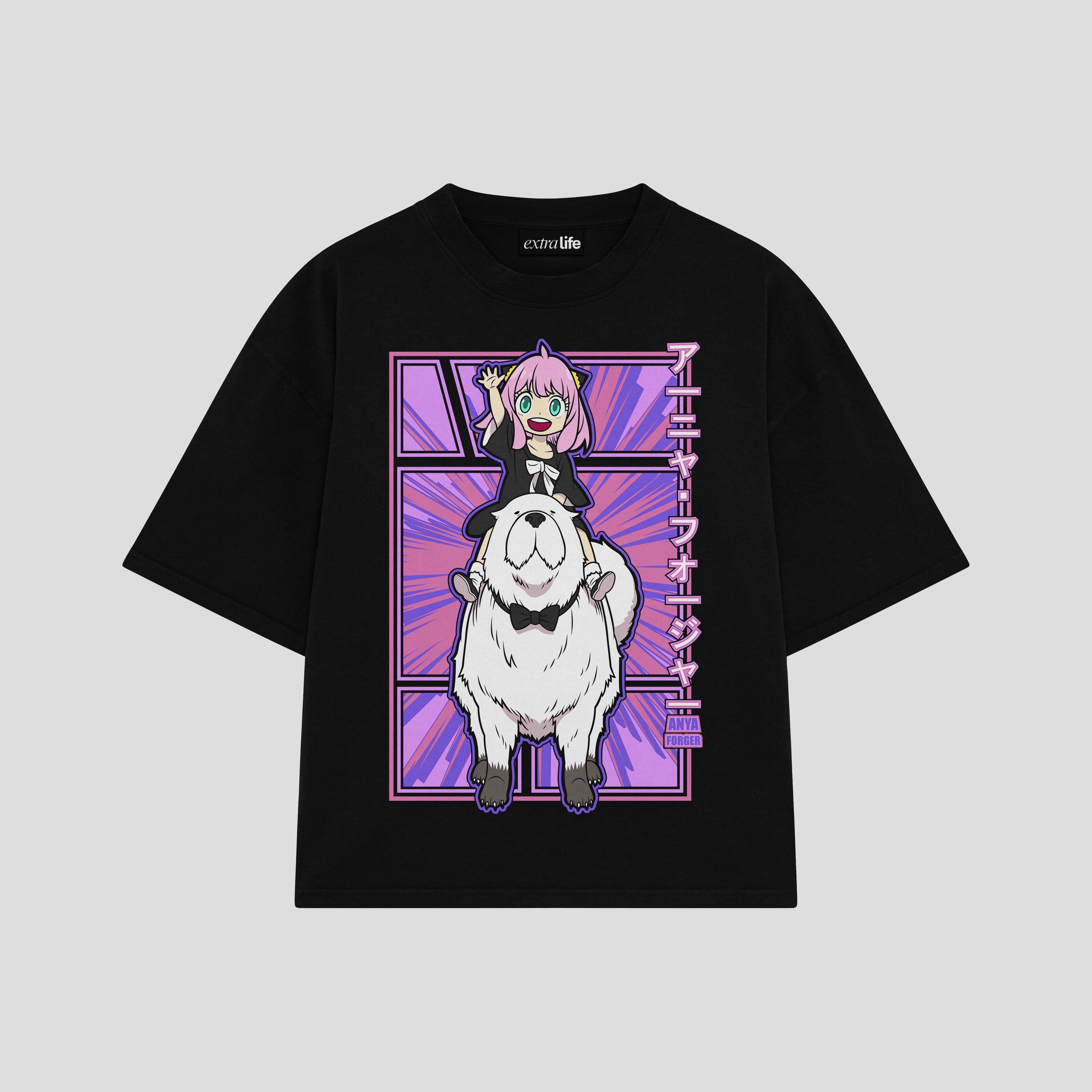 Playera streetwear premium de anime y gaming ExtraLife MX, corte boxy oversized drop shoulder heavyweight en color Deep Black y Off-White, moda urbana mexicana de culto.