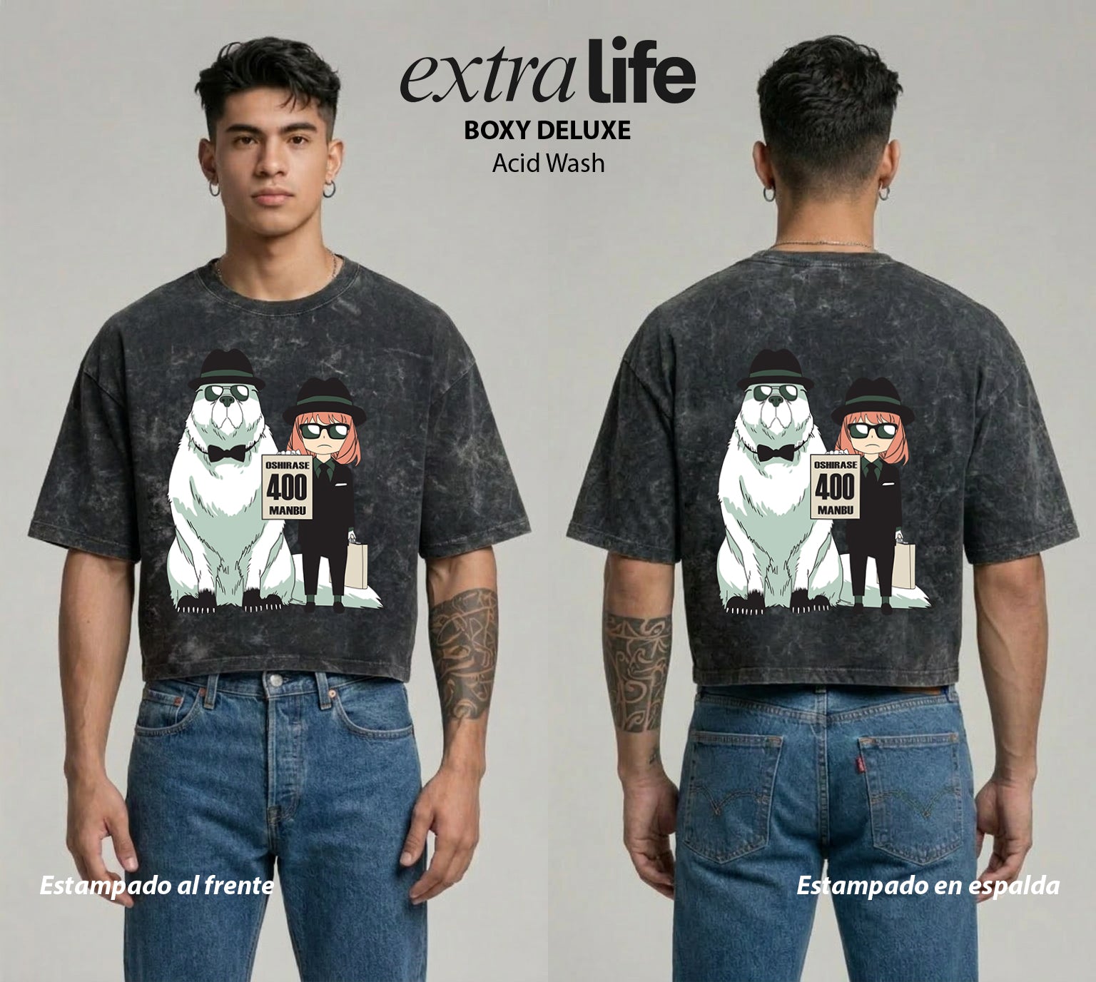 Playera streetwear premium de anime y gaming ExtraLife MX, corte boxy deluxe mineral wash heavyweight en color Acid Wash, moda urbana mexicana de culto.
