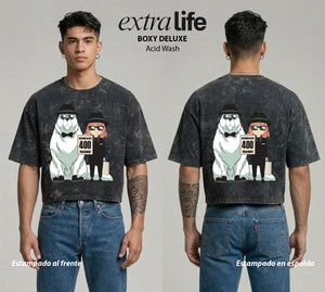 Playera streetwear premium de anime y gaming ExtraLife MX, corte boxy deluxe mineral wash heavyweight en color Acid Wash, moda urbana mexicana de culto.