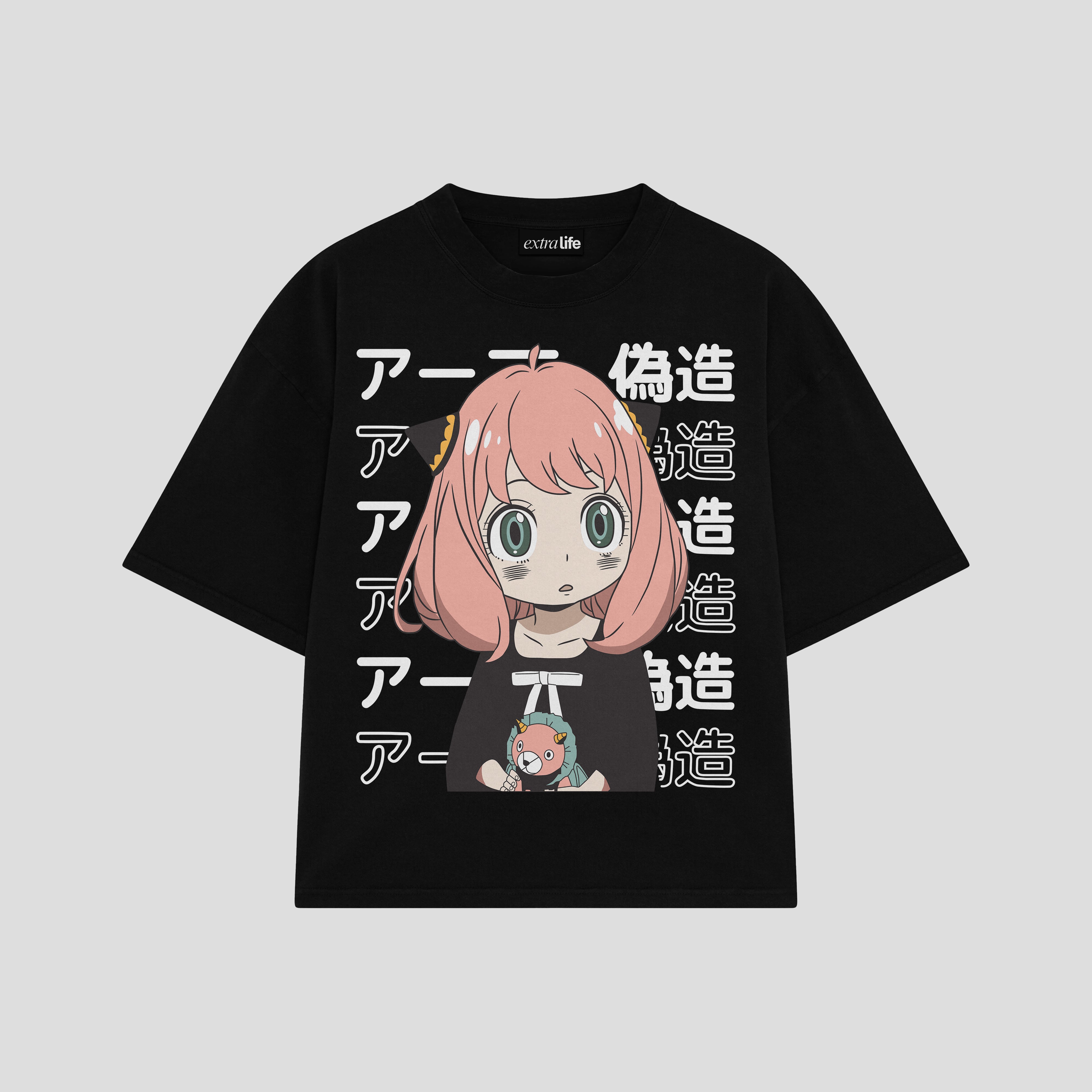 Playera streetwear premium de anime y gaming ExtraLife MX, corte boxy oversized drop shoulder heavyweight en color Deep Black y Off-White, moda urbana mexicana de culto.