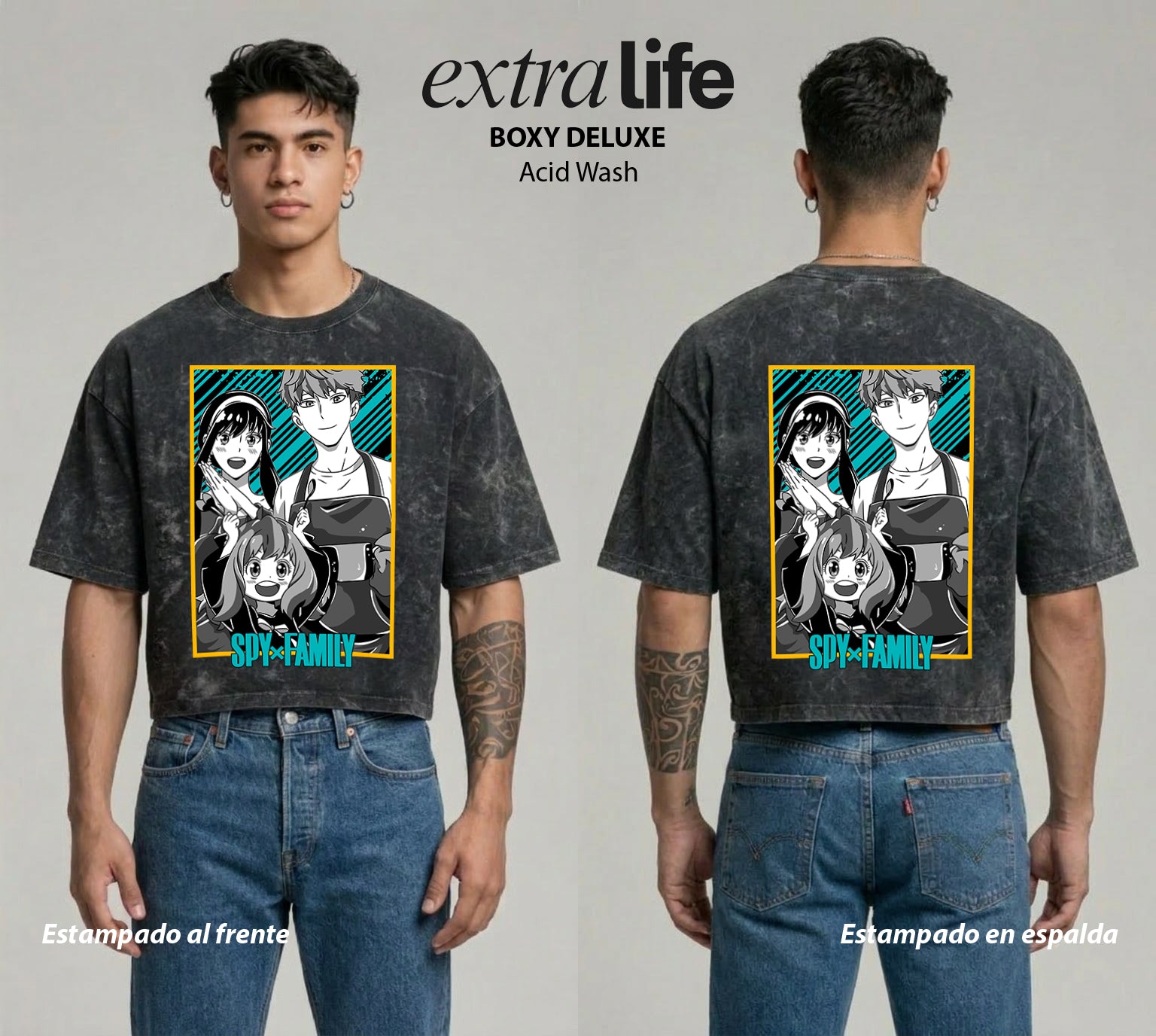 Playera streetwear premium de anime y gaming ExtraLife MX, corte boxy deluxe mineral wash heavyweight en color Acid Wash, moda urbana mexicana de culto.
