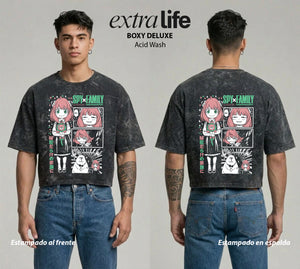 Playera streetwear premium de anime y gaming ExtraLife MX, corte boxy deluxe mineral wash heavyweight en color Acid Wash, moda urbana mexicana de culto.