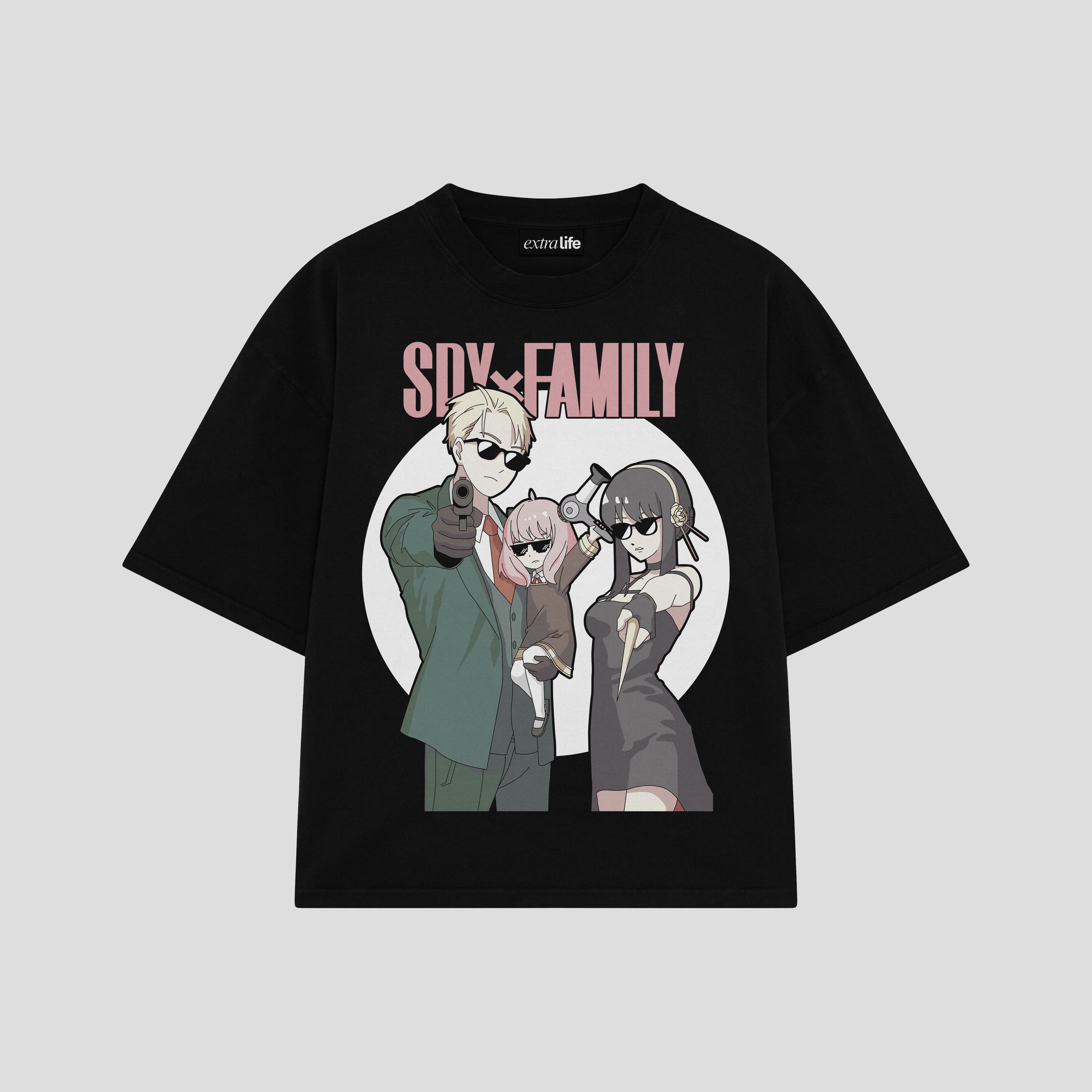Playera streetwear premium de anime y gaming ExtraLife MX, corte boxy oversized drop shoulder heavyweight en color Deep Black y Off-White, moda urbana mexicana de culto.