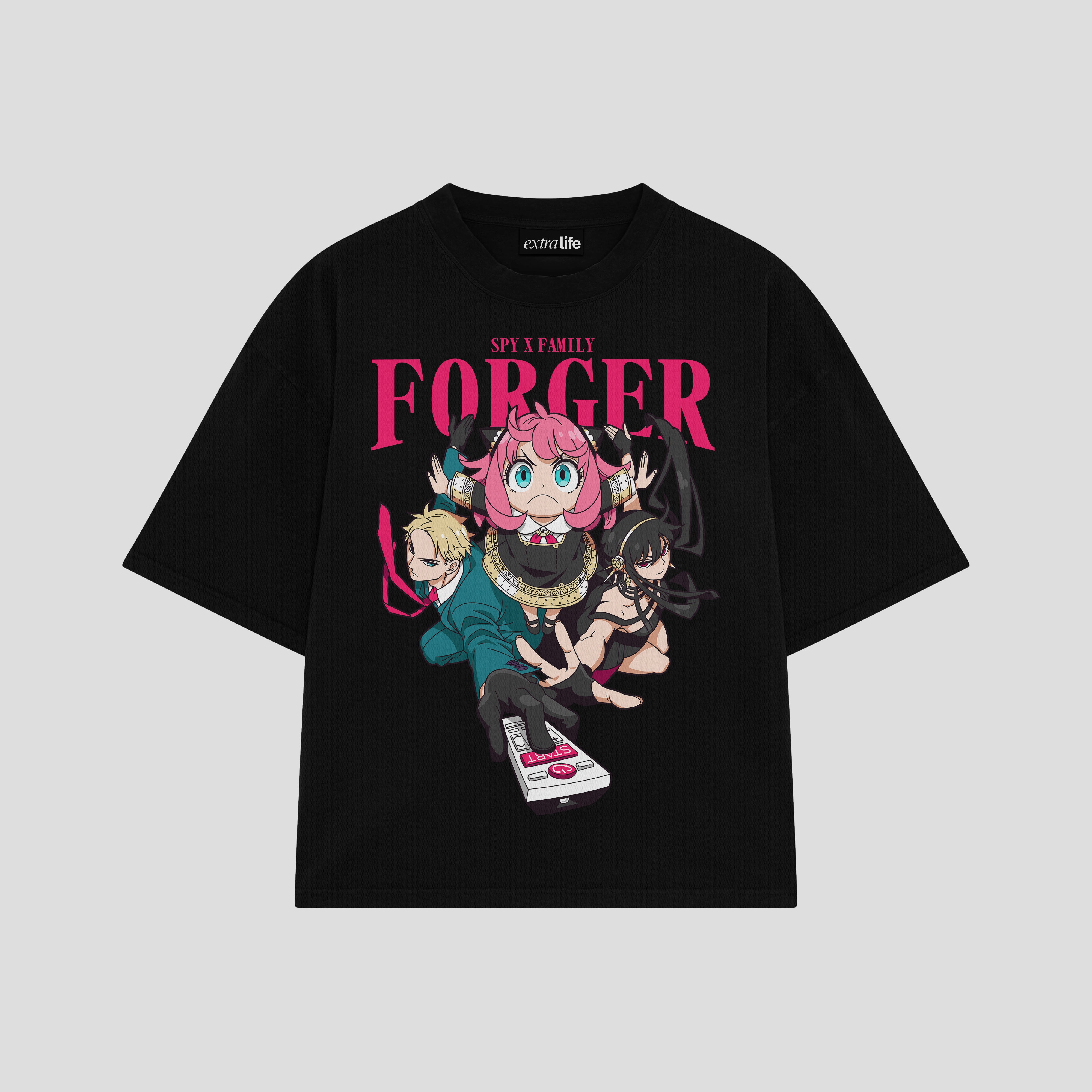 Playera streetwear premium de anime y gaming ExtraLife MX, corte boxy oversized drop shoulder heavyweight en color Deep Black y Off-White, moda urbana mexicana de culto.