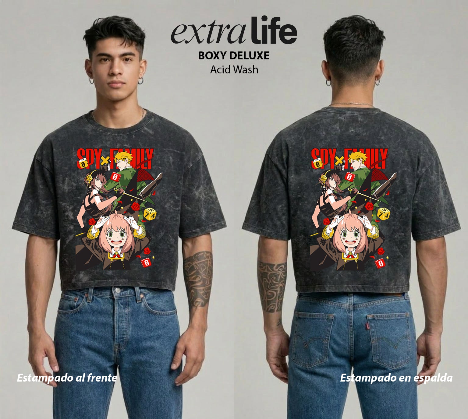 Playera streetwear premium de anime y gaming ExtraLife MX, corte boxy deluxe mineral wash heavyweight en color Acid Wash, moda urbana mexicana de culto.