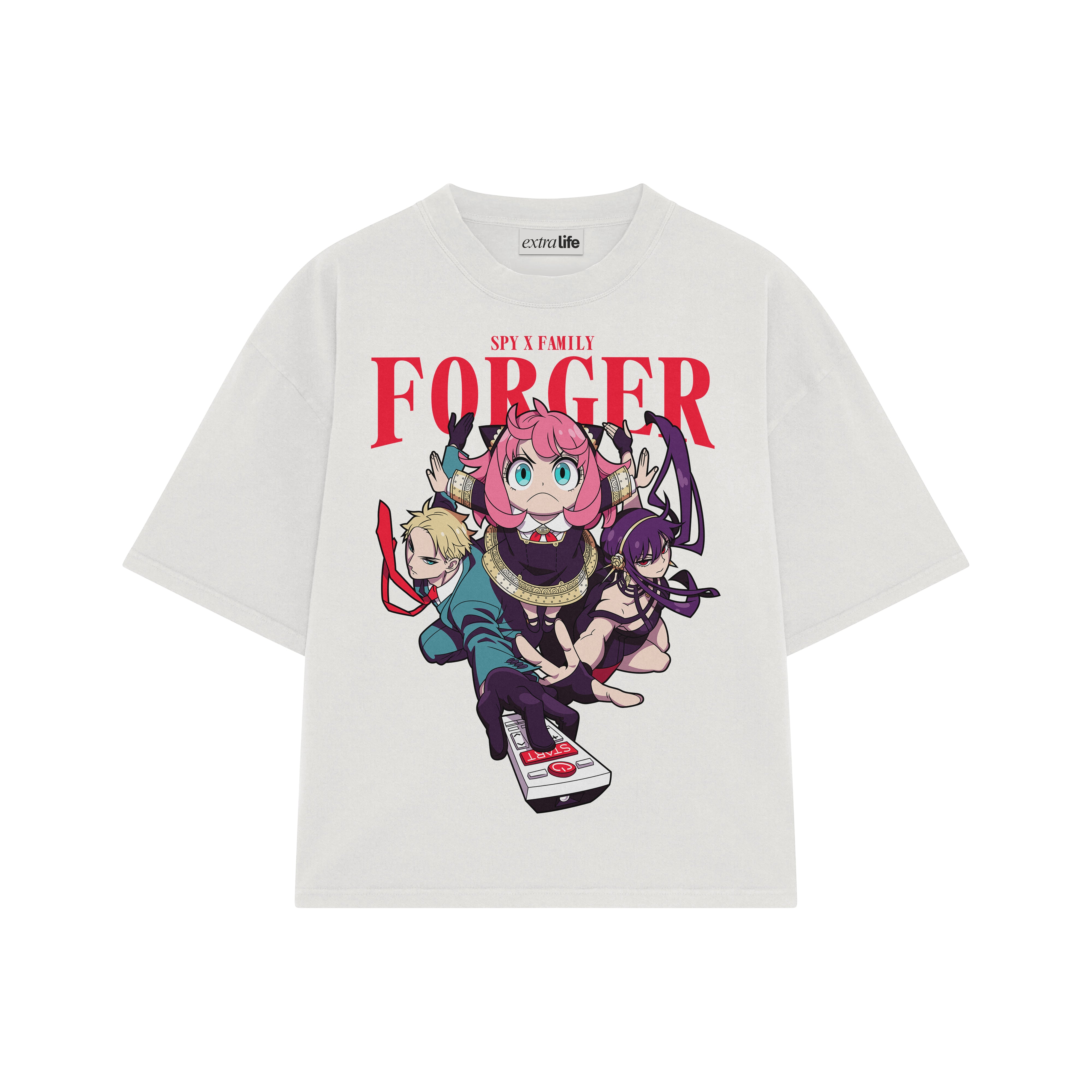 Playera streetwear premium de anime y gaming ExtraLife MX, corte boxy oversized drop shoulder heavyweight en color Deep Black y Off-White, moda urbana mexicana de culto.