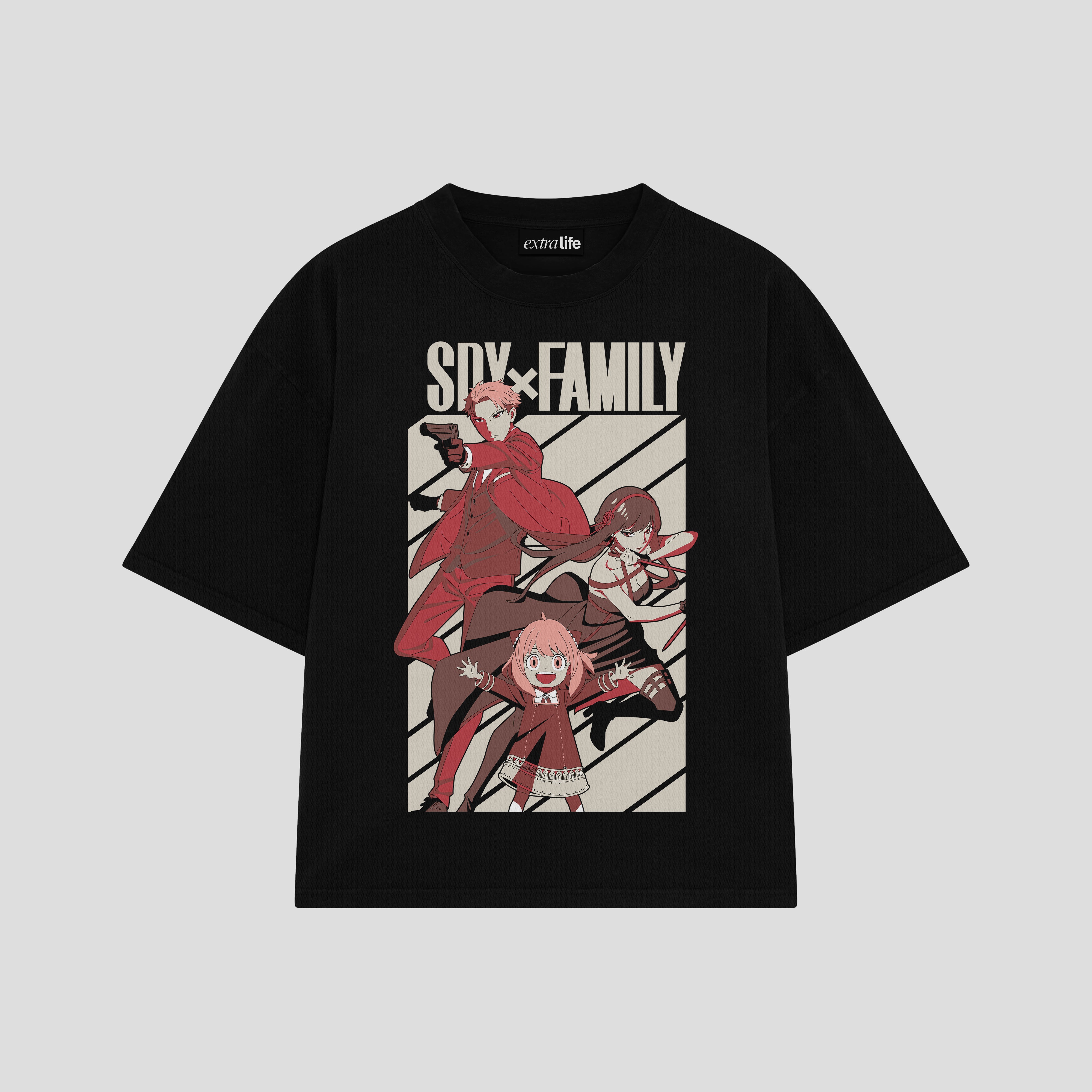 Playera streetwear premium de anime y gaming ExtraLife MX, corte boxy oversized drop shoulder heavyweight en color Deep Black y Off-White, moda urbana mexicana de culto.