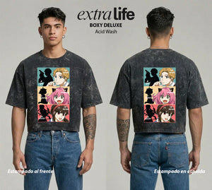 Playera streetwear premium de anime y gaming ExtraLife MX, corte boxy deluxe mineral wash heavyweight en color Acid Wash, moda urbana mexicana de culto.
