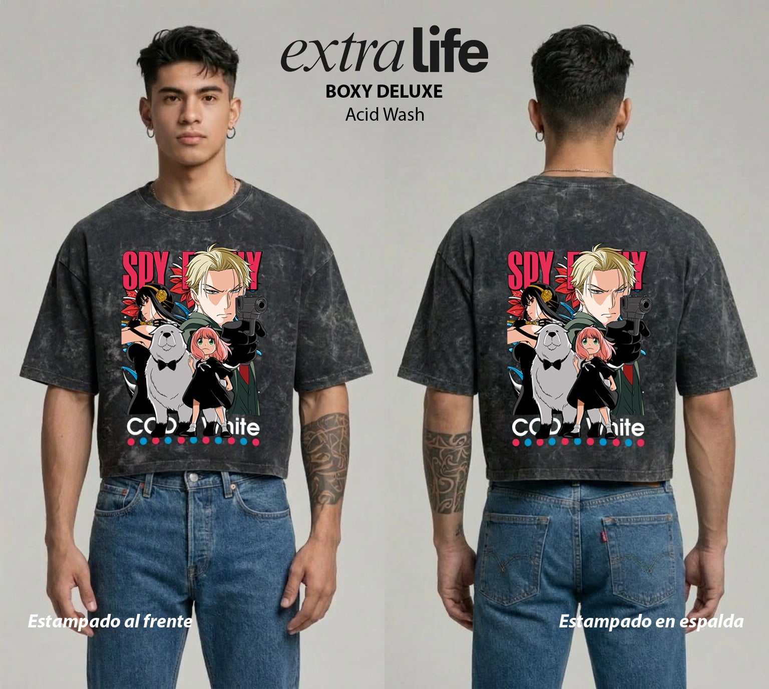 Playera streetwear premium de anime y gaming ExtraLife MX, corte boxy deluxe mineral wash heavyweight en color Acid Wash, moda urbana mexicana de culto.
